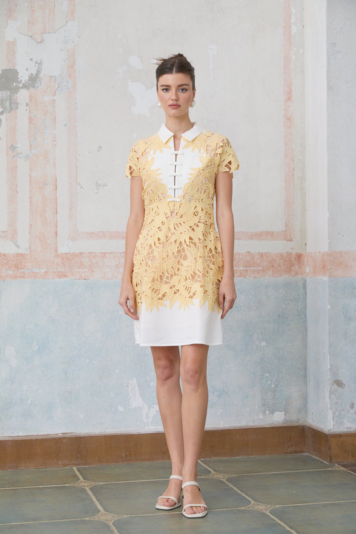 Camille yellow leaf-appliqué mini dress