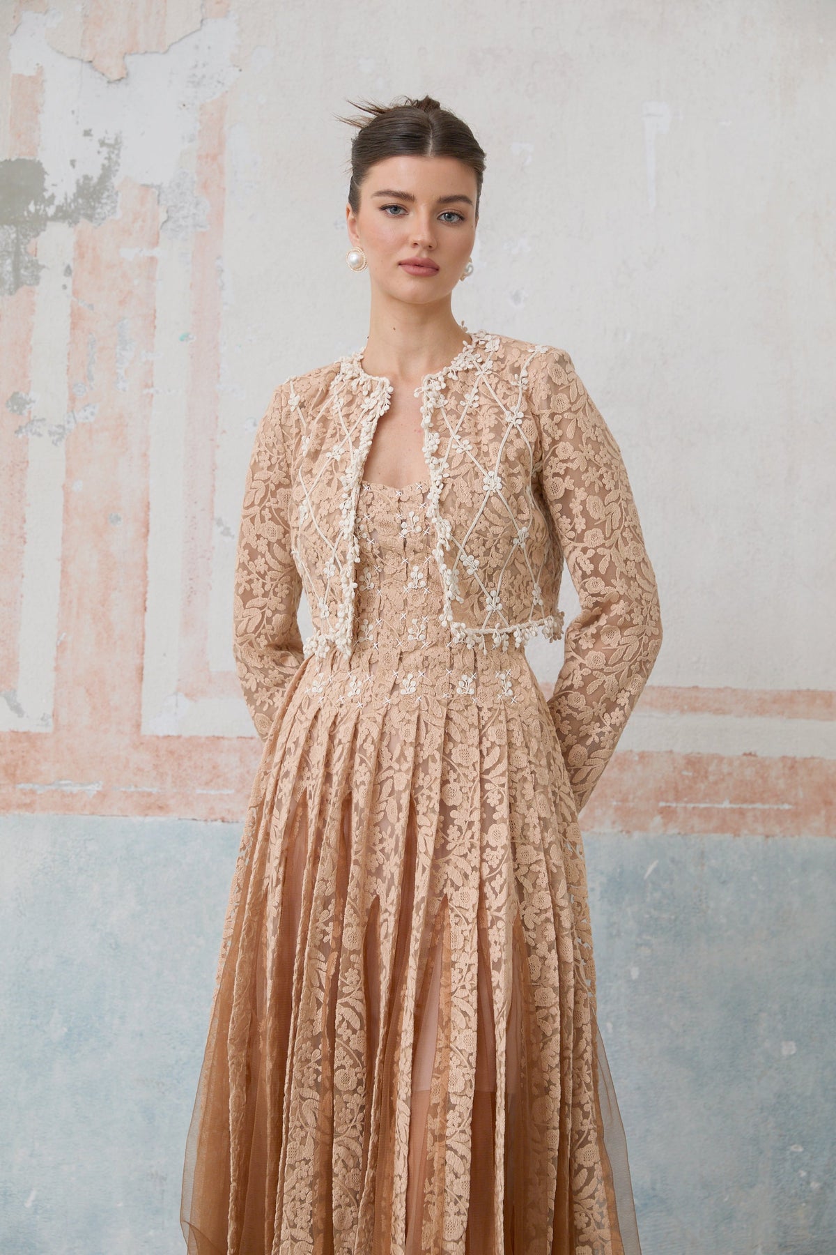 Axelle neutrals crochet-lace cardigan & dress matching set