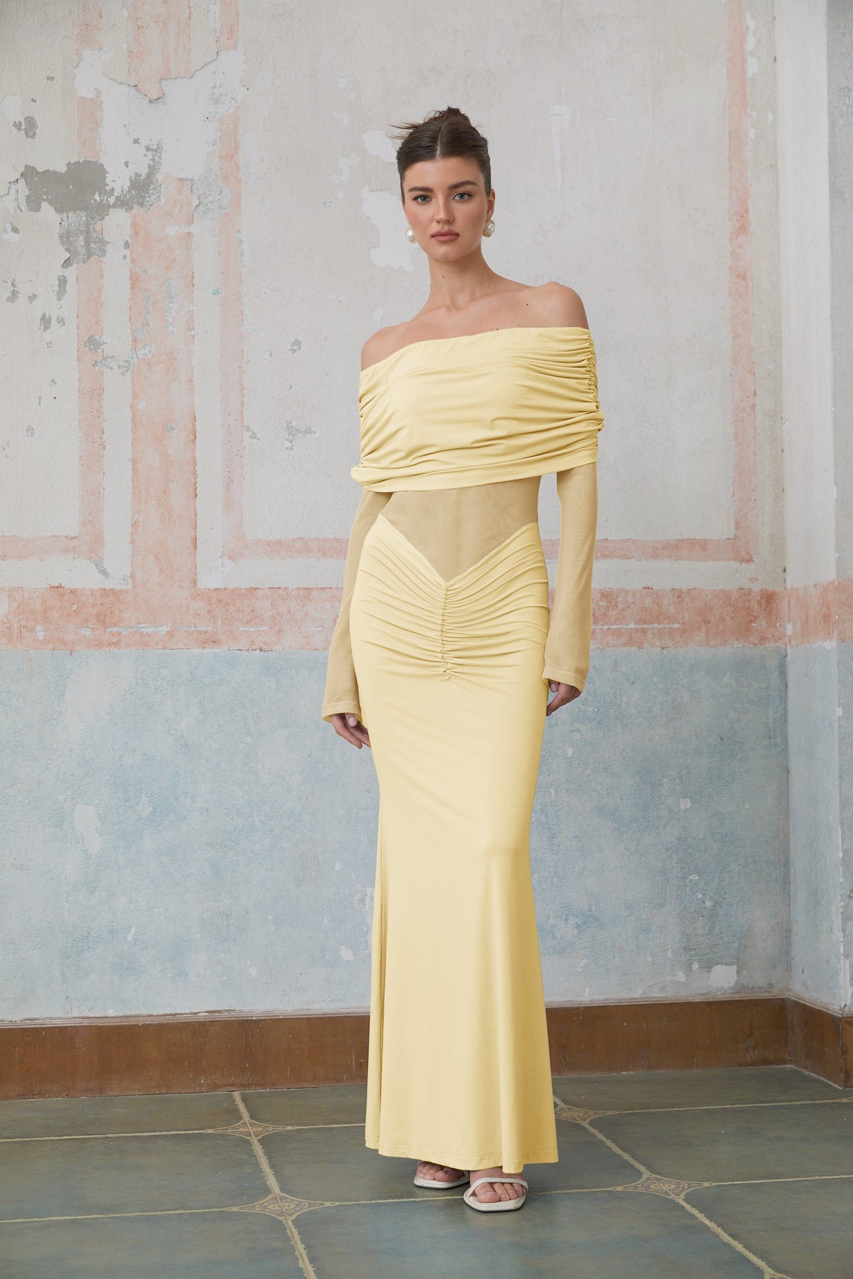 Ninon Yellow Off Shoulder Ruched Maxi Dress