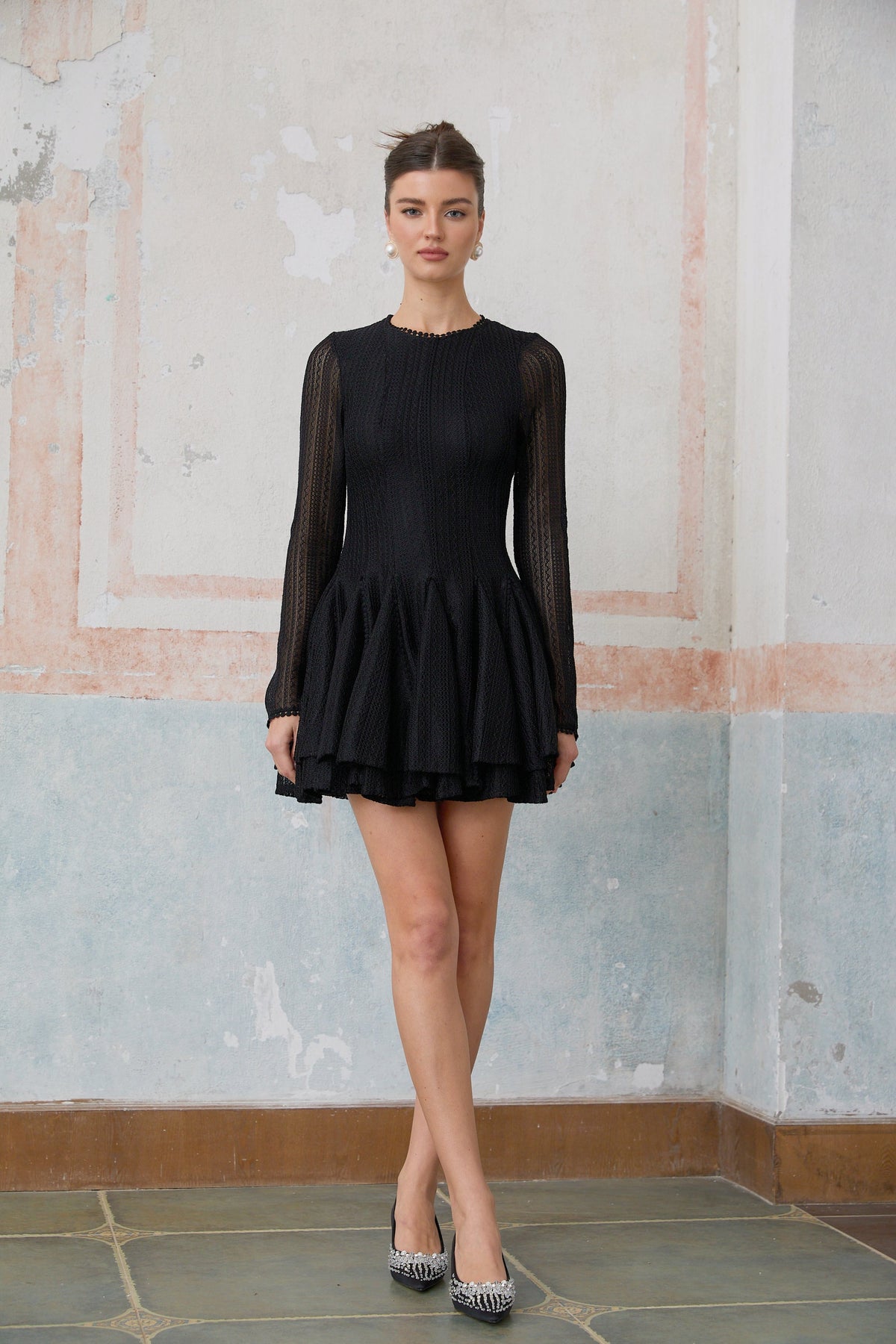 Hélène black pointelle puff mini dress