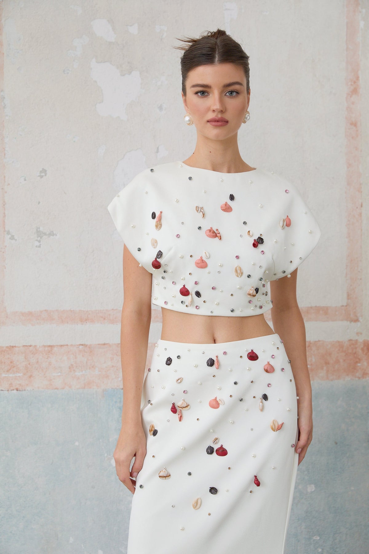Delphine white shell-embellished top & skirt matching set