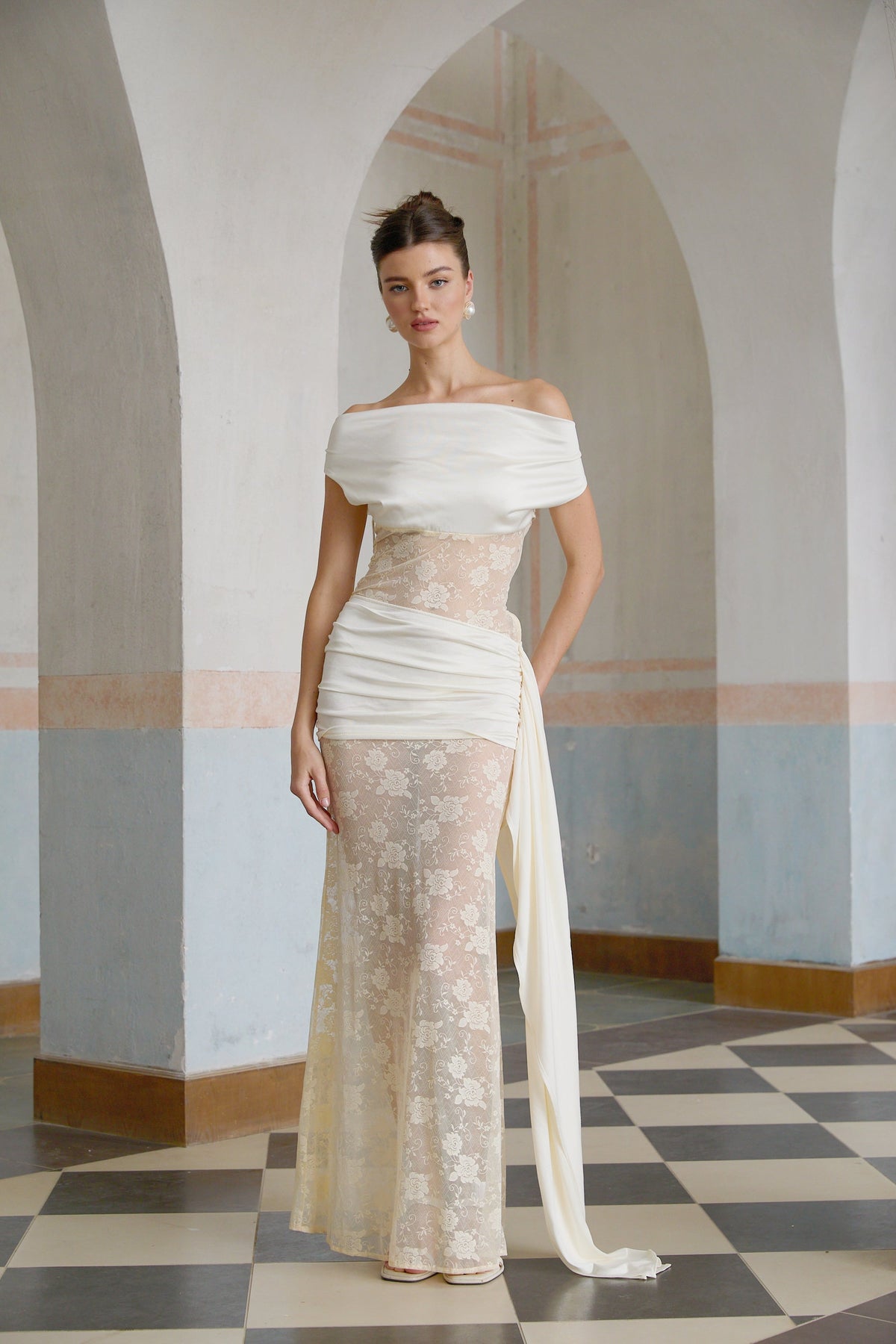 Lilou neutrals ribbon panelled floral-lace maxi dress (Final Sale-US Only)