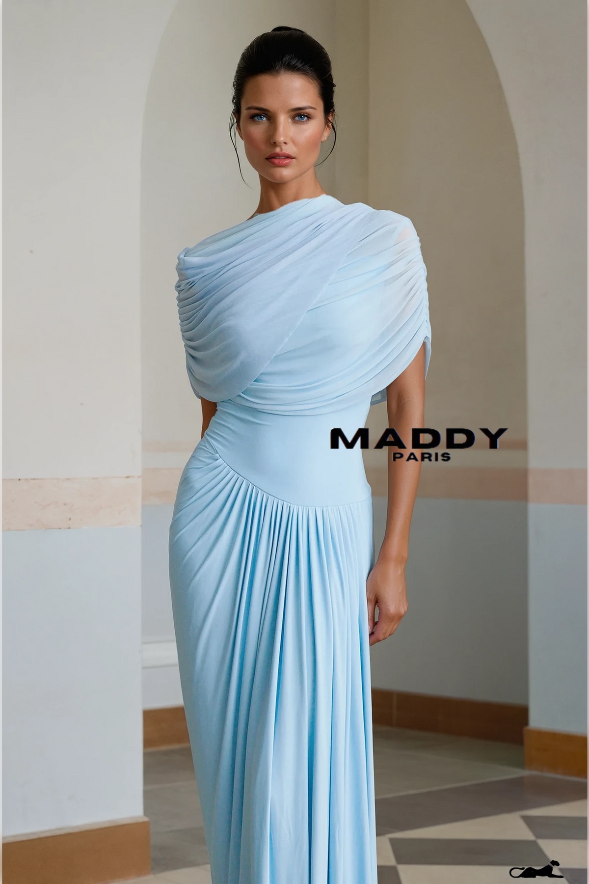 Catherine asymmetrical pleated maxi dress in Baby-blue