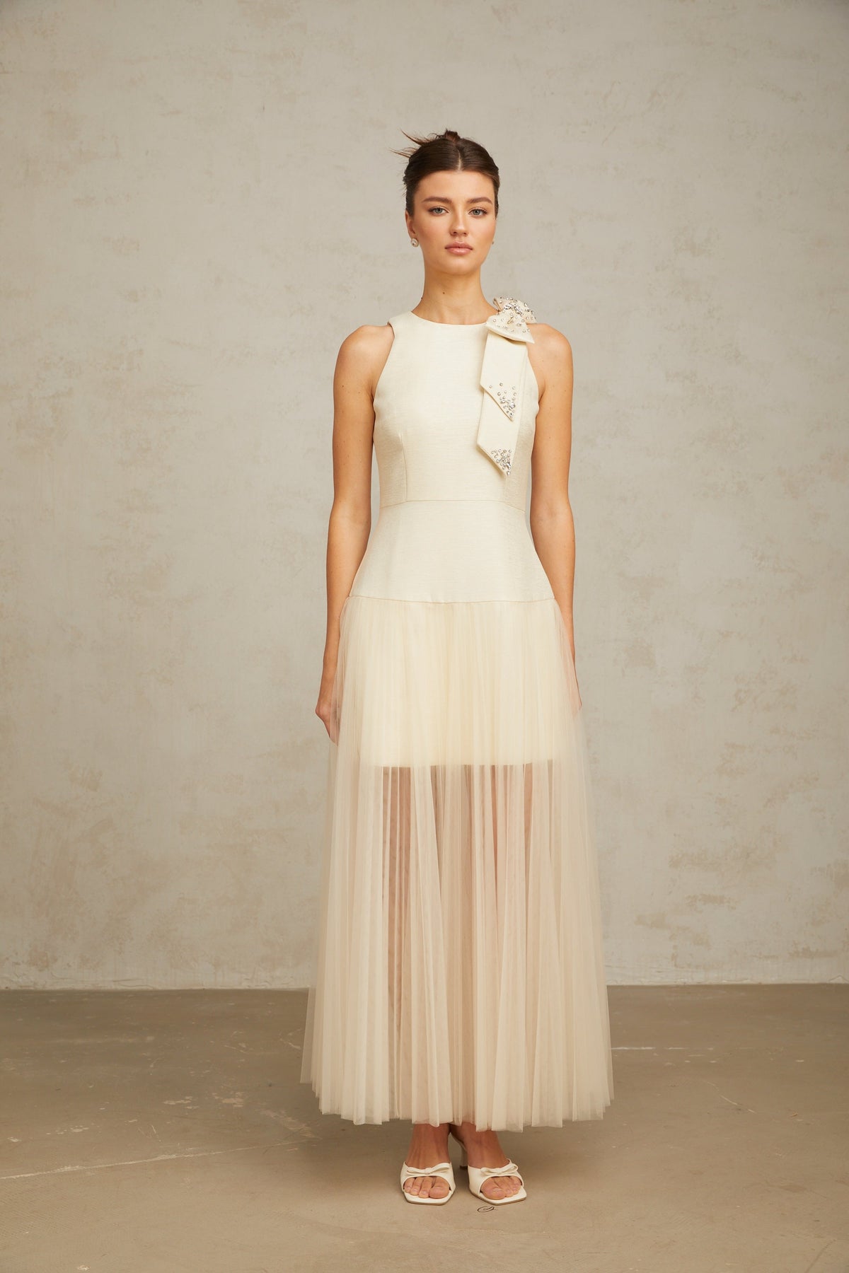 Thérèse bowknot tulle-panelling midi dress in White