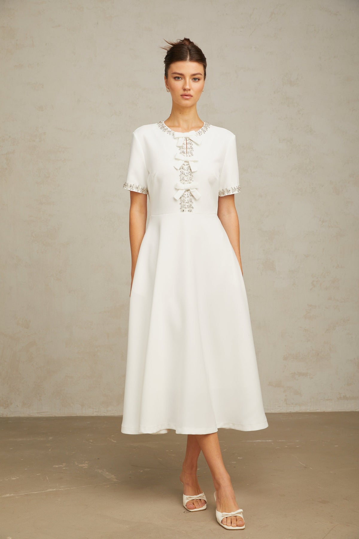 Cassiopeia crystal-accented bow midi dress in White (Final Sale-US Only)
