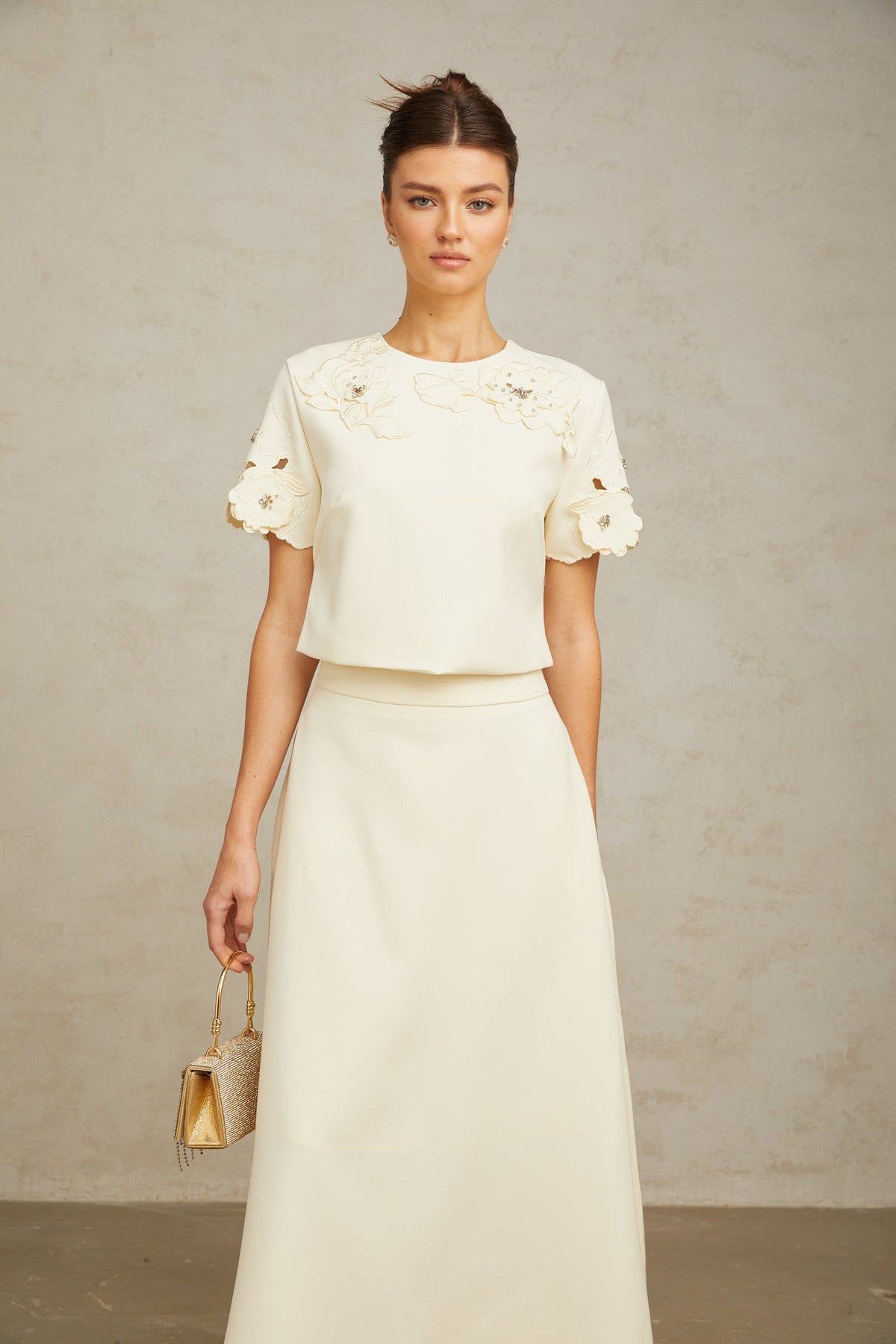 Coralie neutrals 3D-petal top & skirt matching set