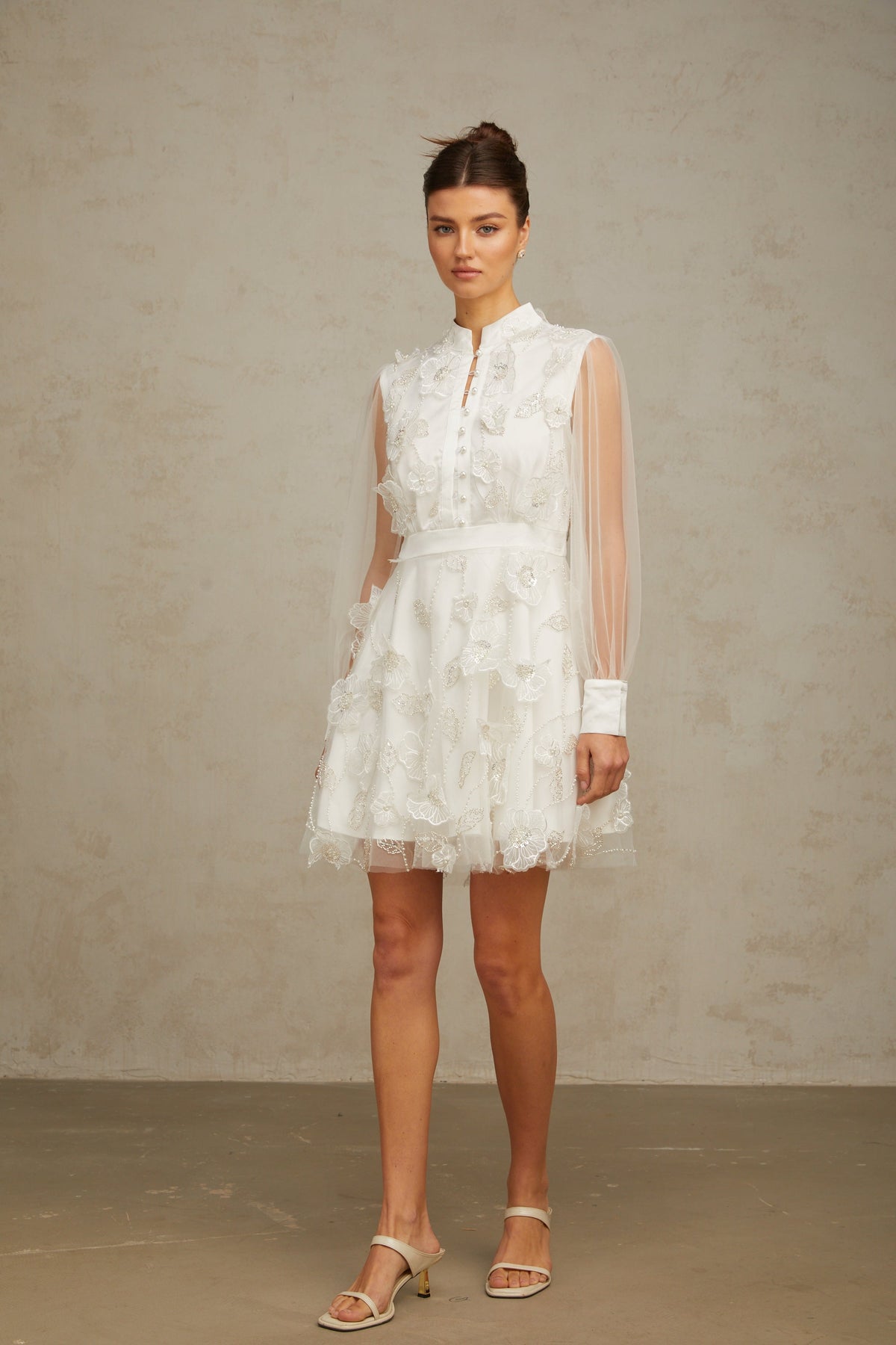 Camille white 3D-petal tulle mini dress