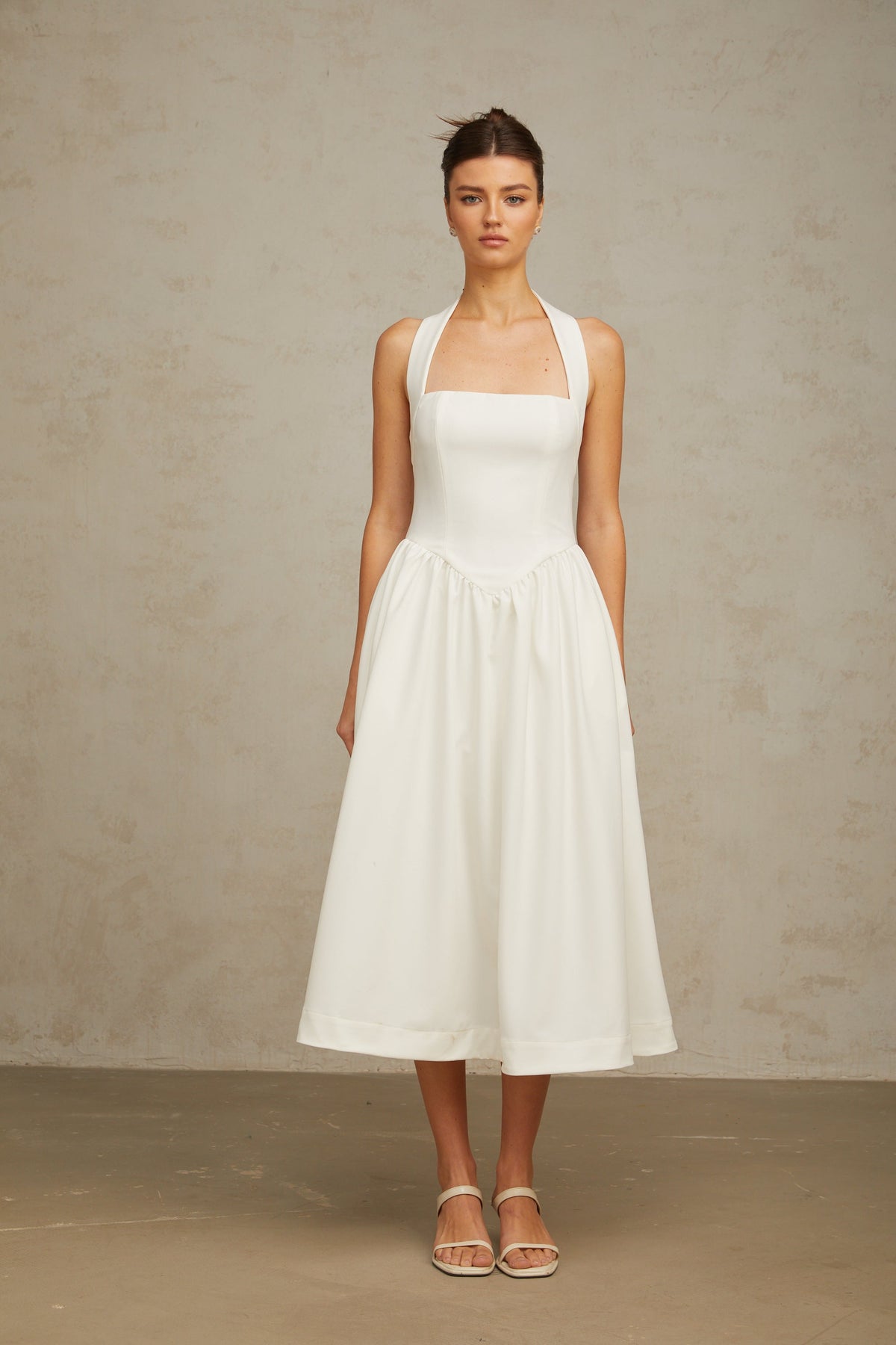Alizée halterneck pleated midi dress in White