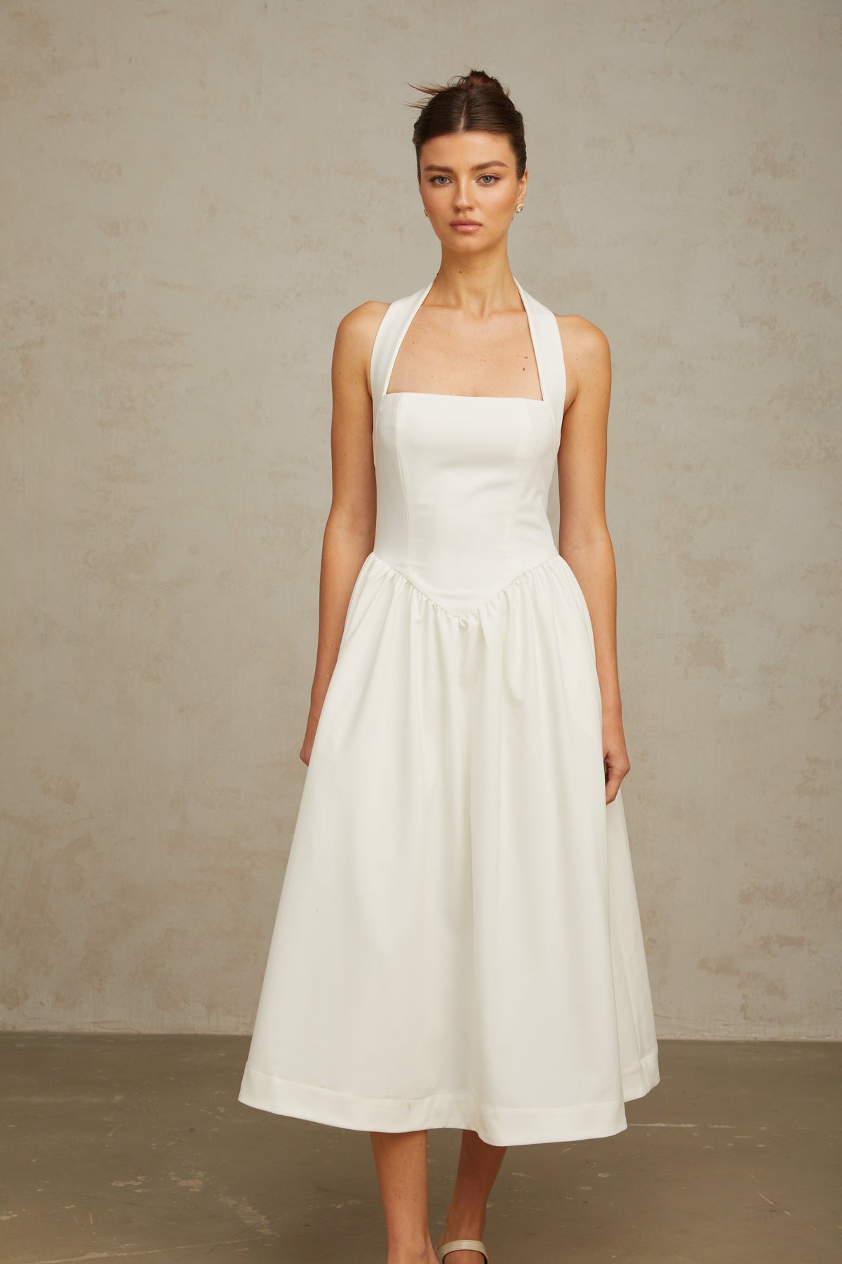 Alizée halterneck pleated midi dress in White