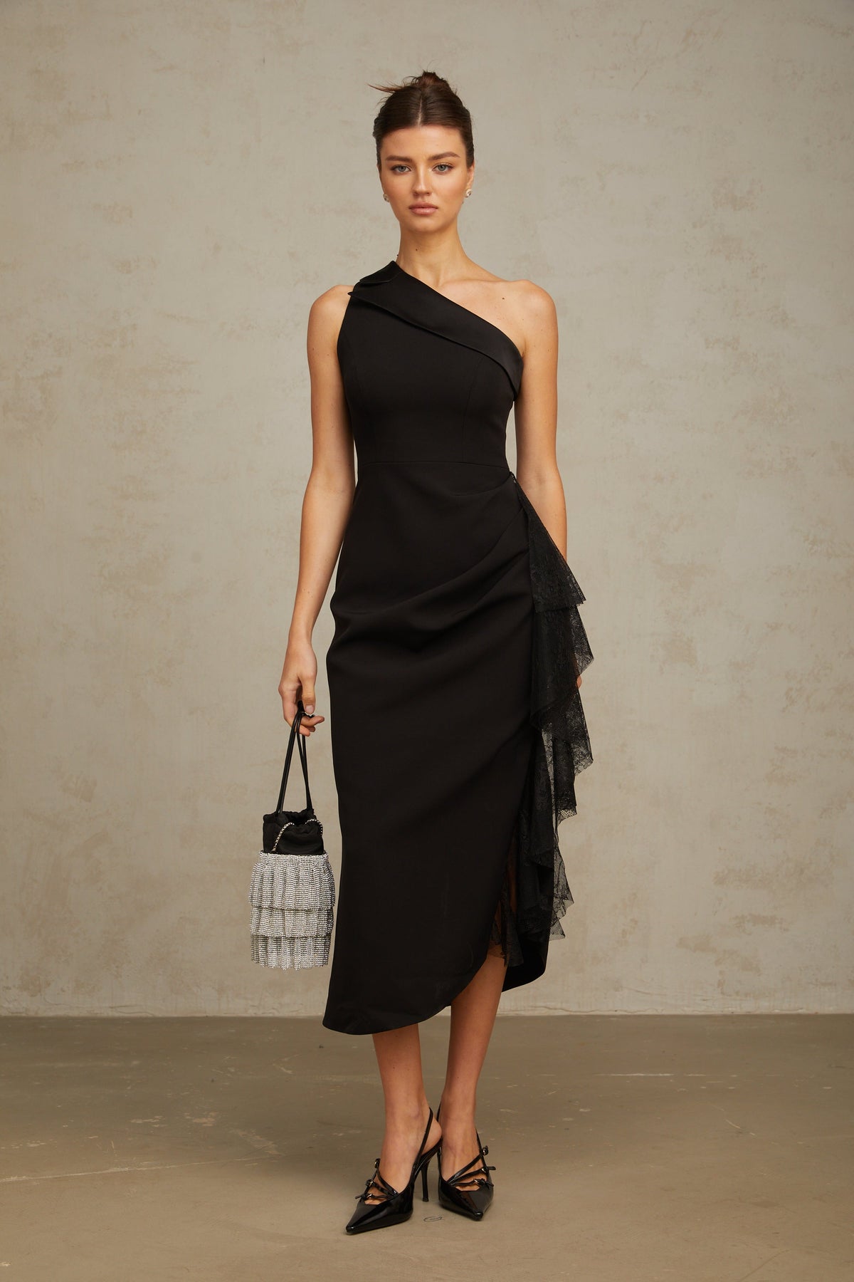 Bernadette black lace-panell asymmetrical midi dress