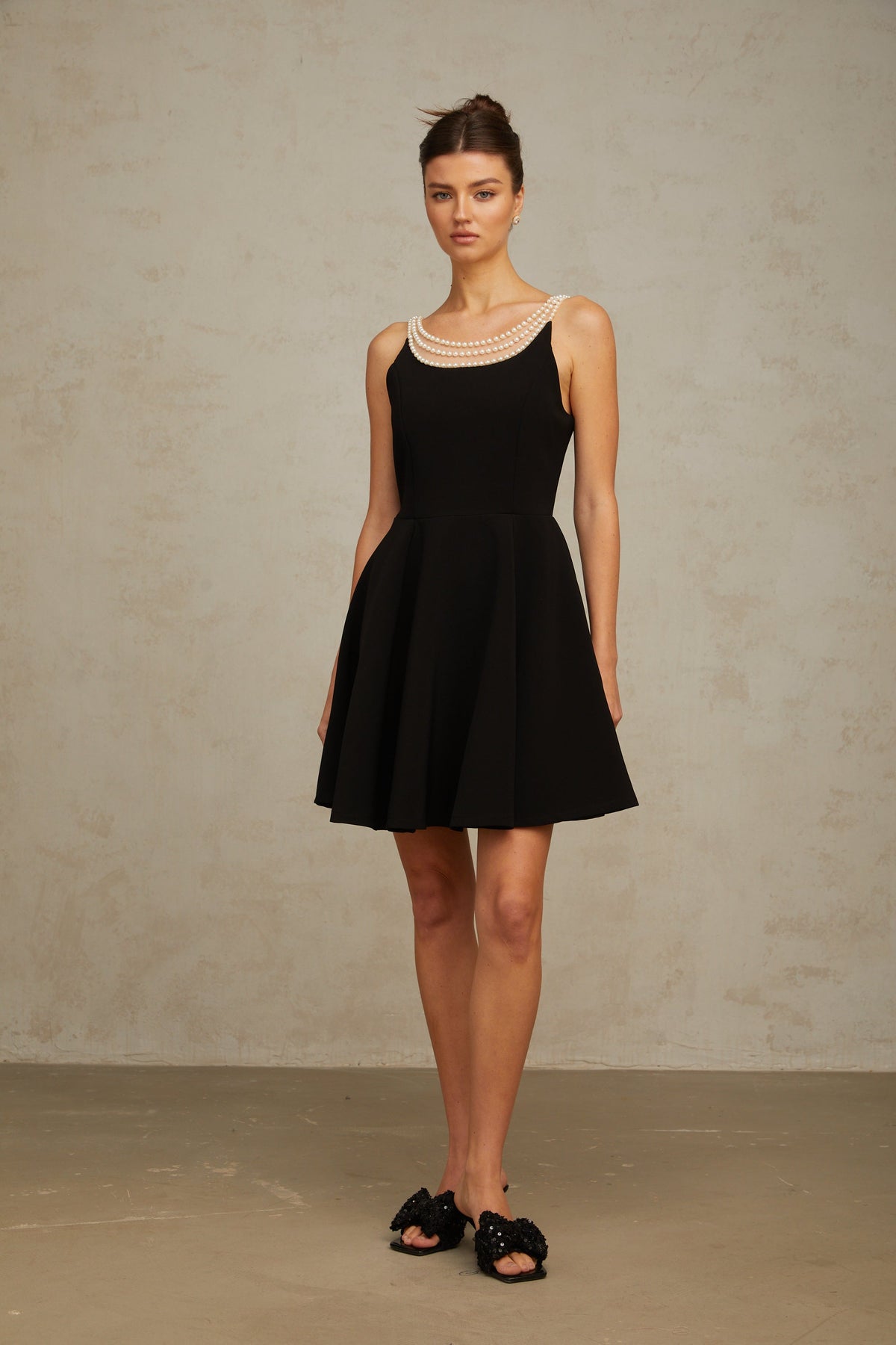 Danaé black faux-pearl-embellished mini dress