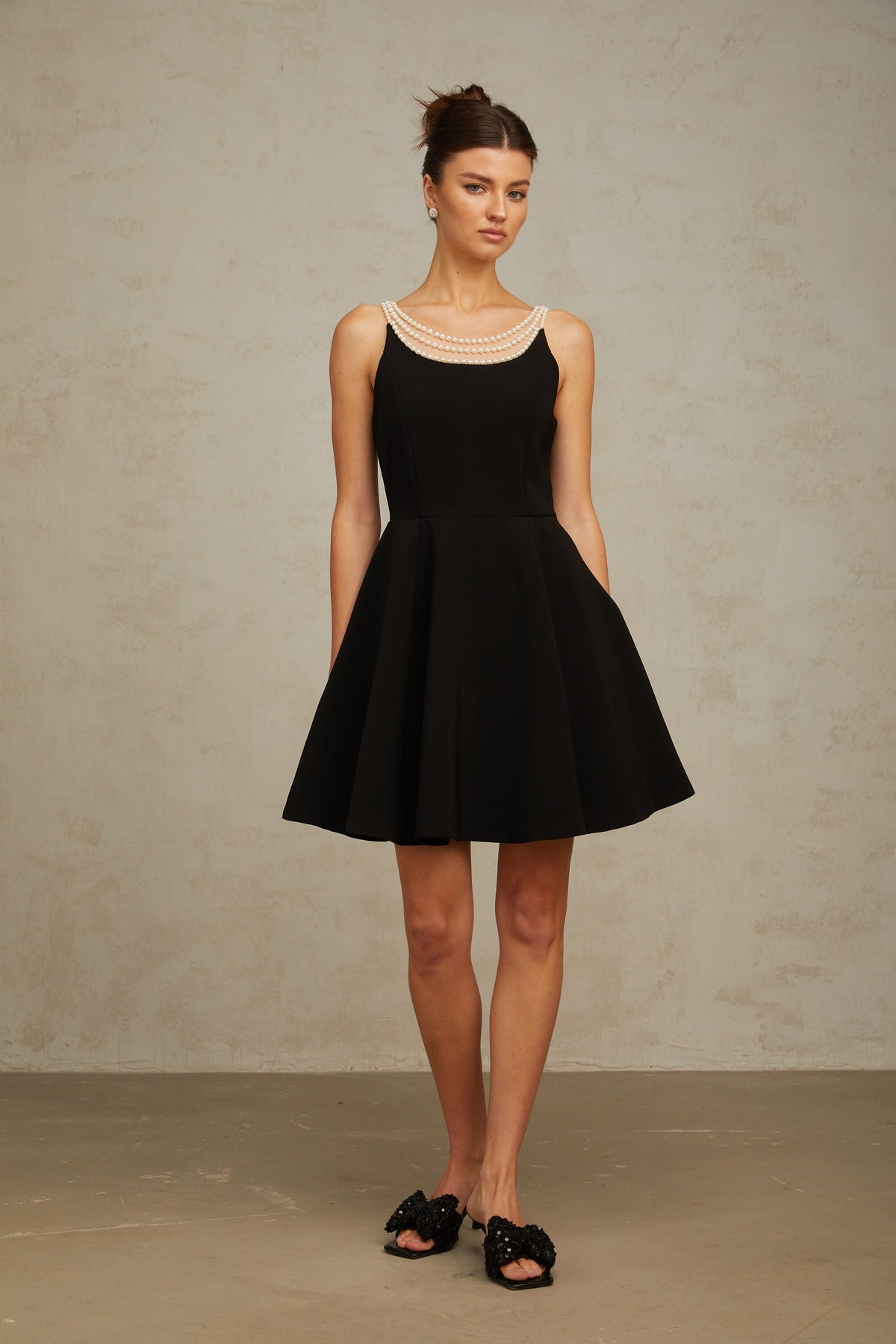 Danaé black faux-pearl-embellished mini dress