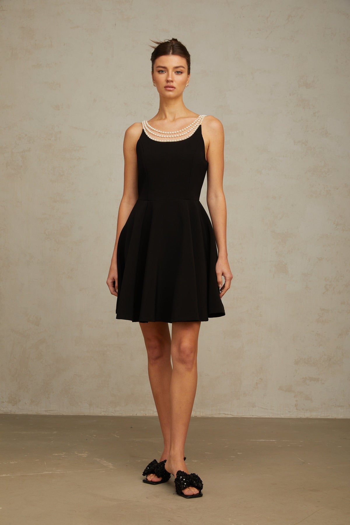 Danaé black faux-pearl-embellished mini dress