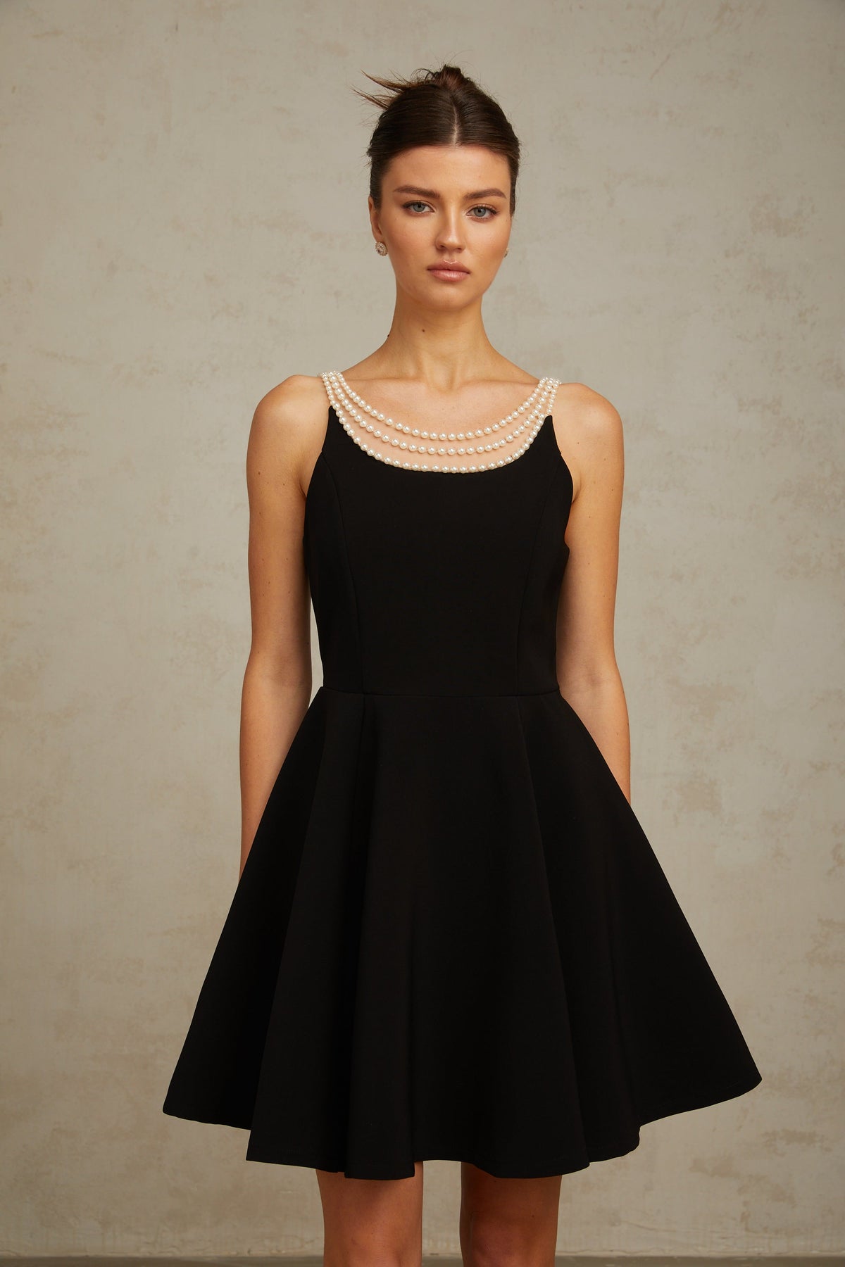 Danaé black faux-pearl-embellished mini dress