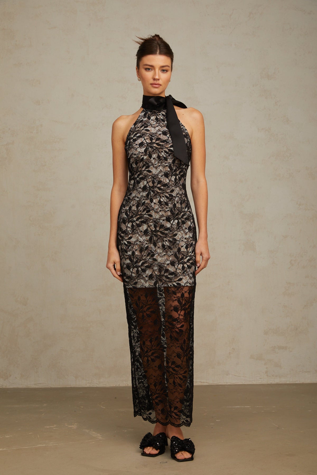 Coralie black floral-lace halterneck maxi dress