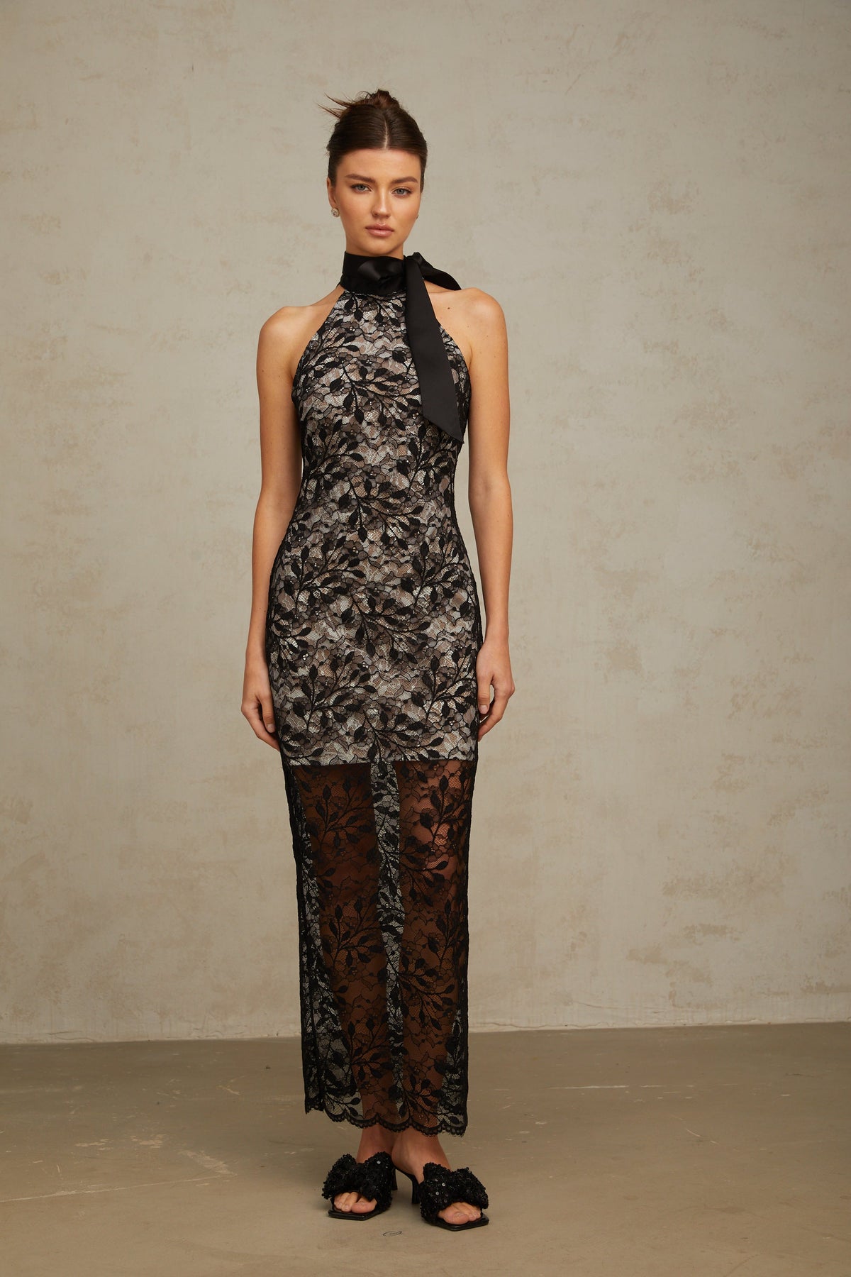 Coralie black floral-lace halterneck maxi dress
