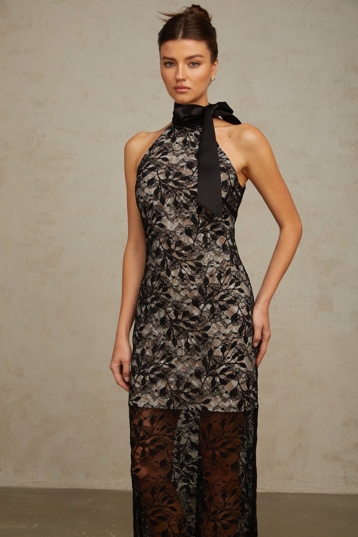 Coralie black floral-lace halterneck maxi dress