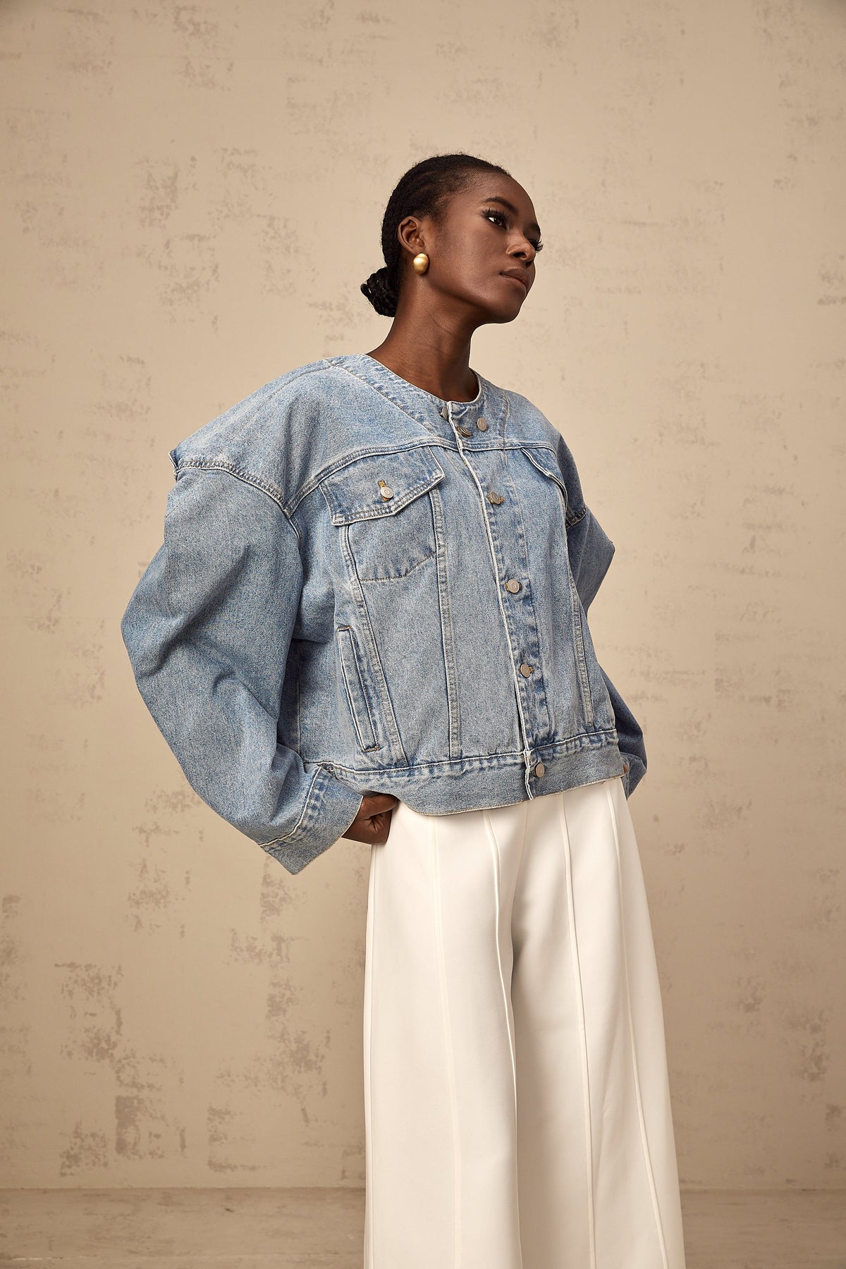 Isabelle blue collarless denim jacket