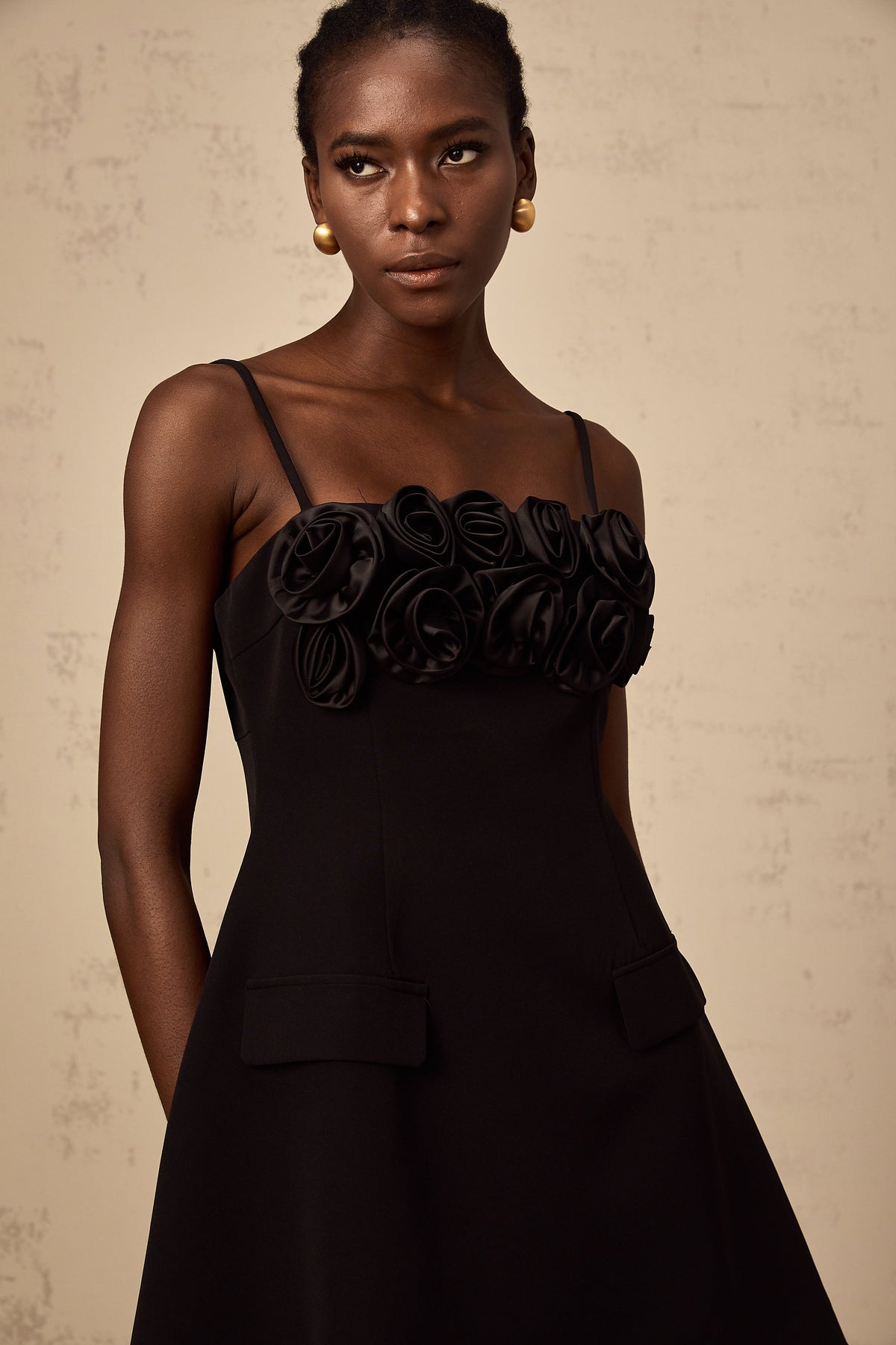 Mignon rose-appliqué flared mini dress in Black