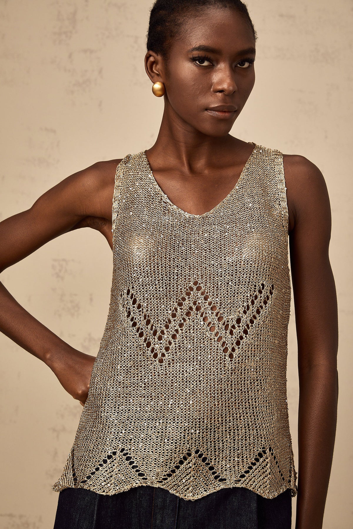 Cyrine gold sequined crochet vest top