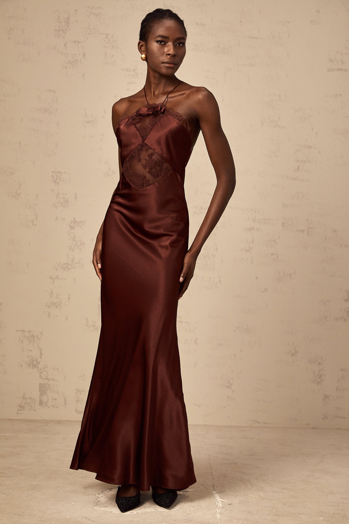 Eléonore wine-red lace-panelling satin maxi dress