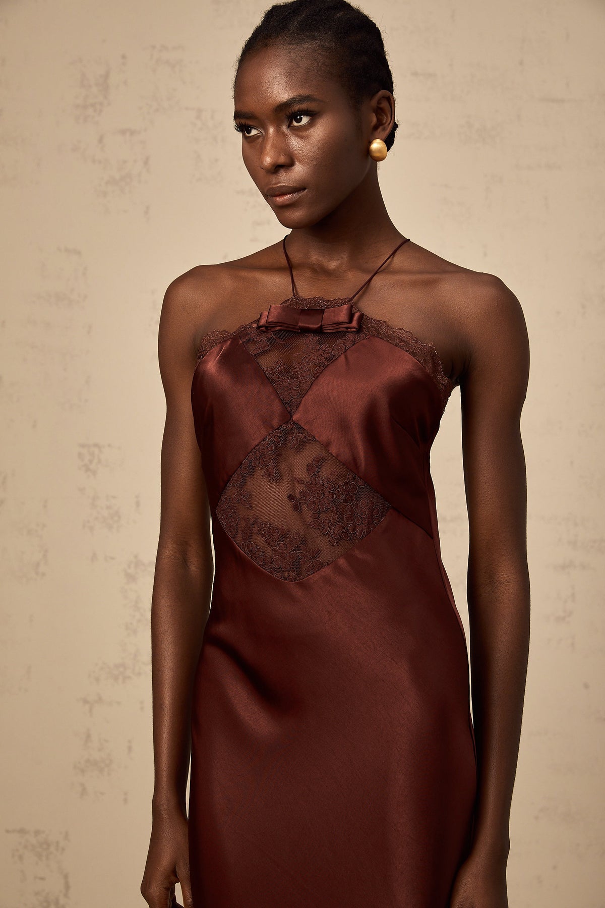 Eléonore wine-red lace-panelling satin maxi dress