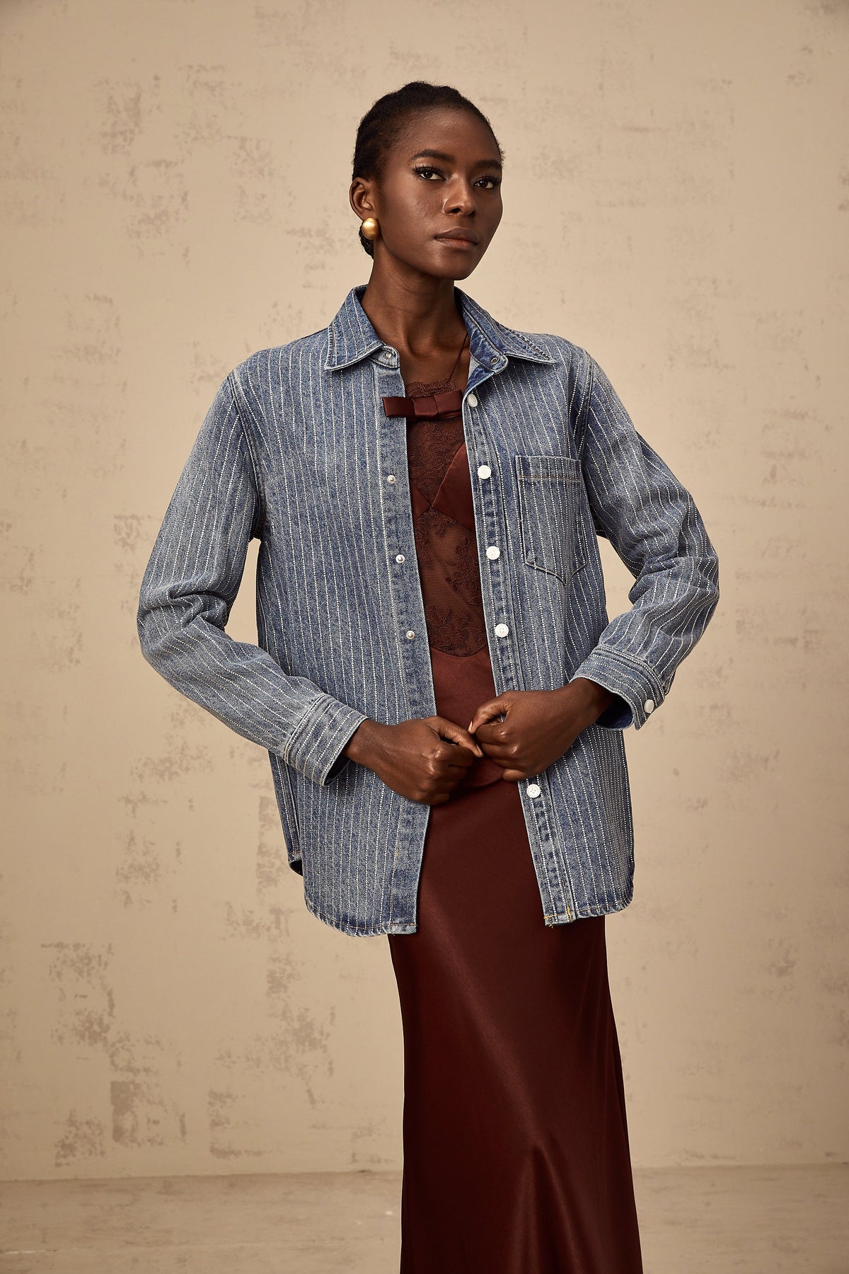 Joséphine blue embellished vertical-stripe denim shirt