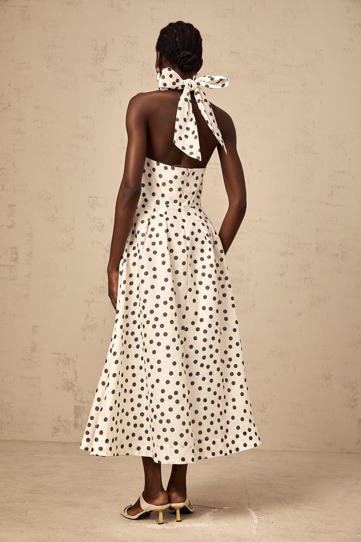 Audrey white bowknot polka-dot midi dress