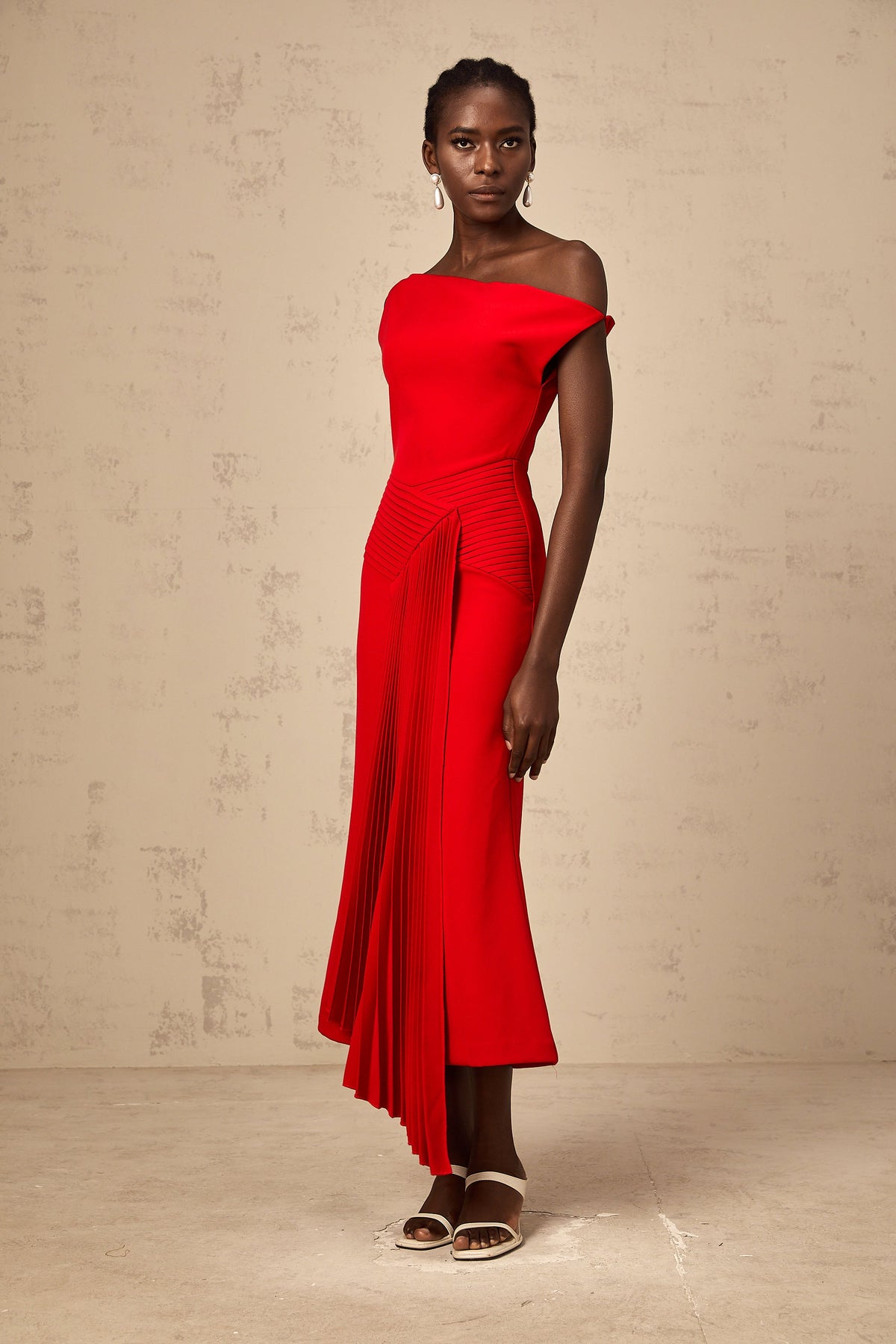 Laurine asymmetrical draped midi dress in Red