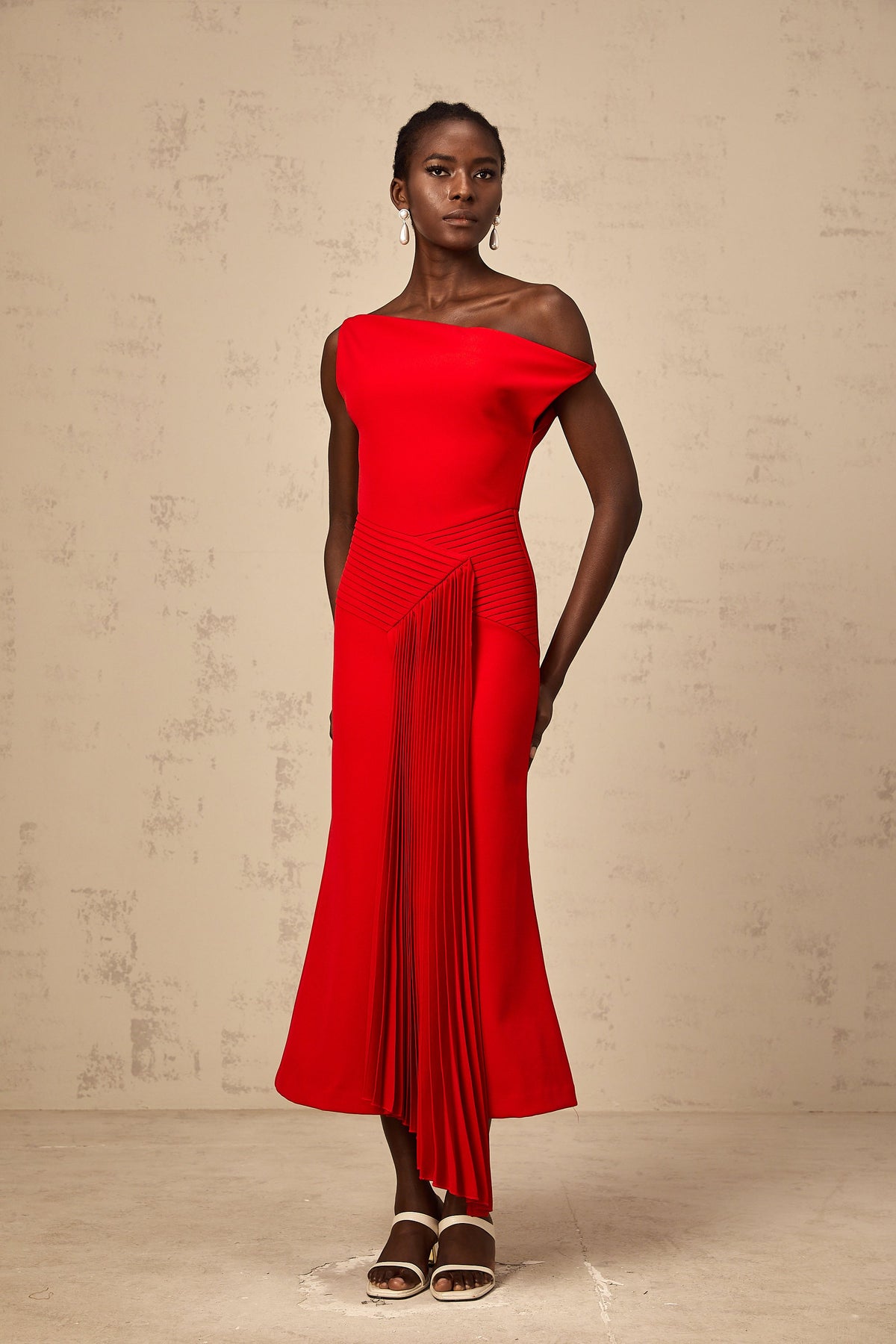 Laurine asymmetrical draped midi dress in Red