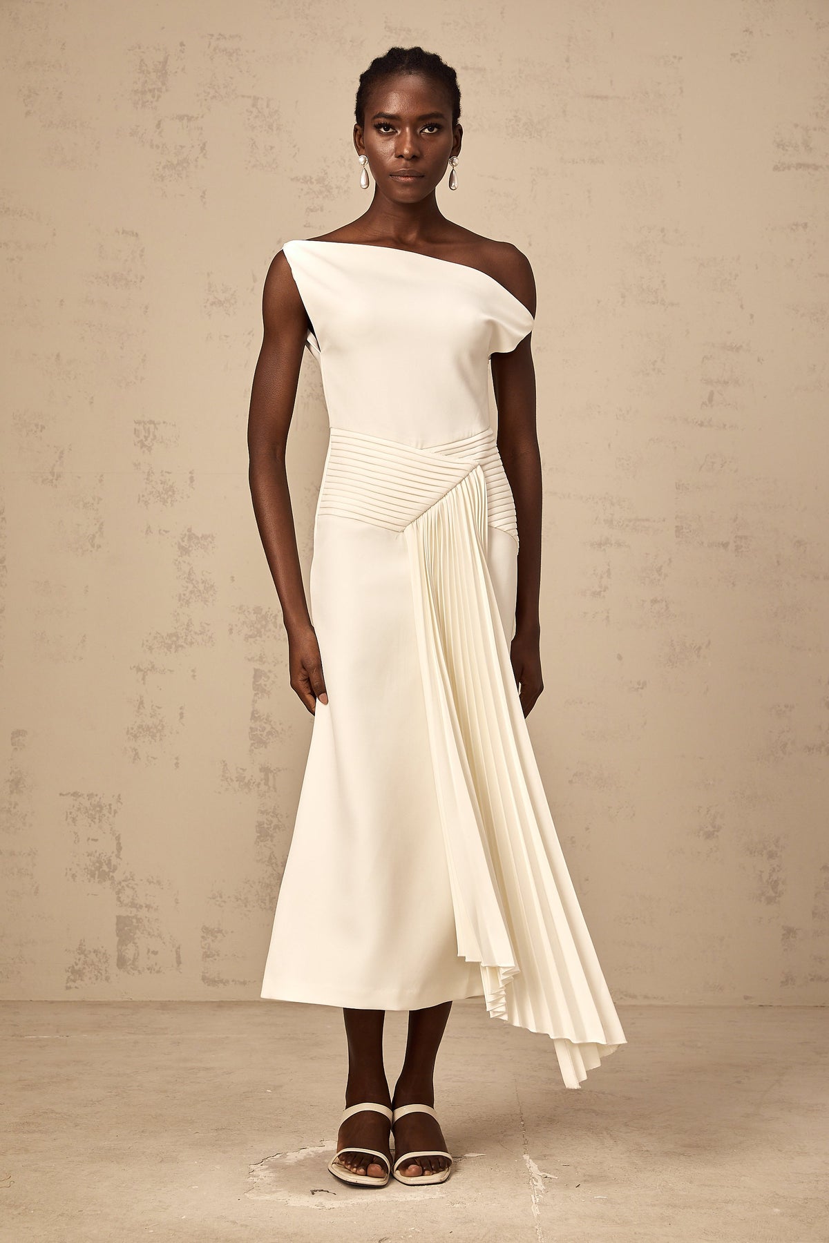 Laurine asymmetrical draped midi dress in White (Final Sale-US Only)