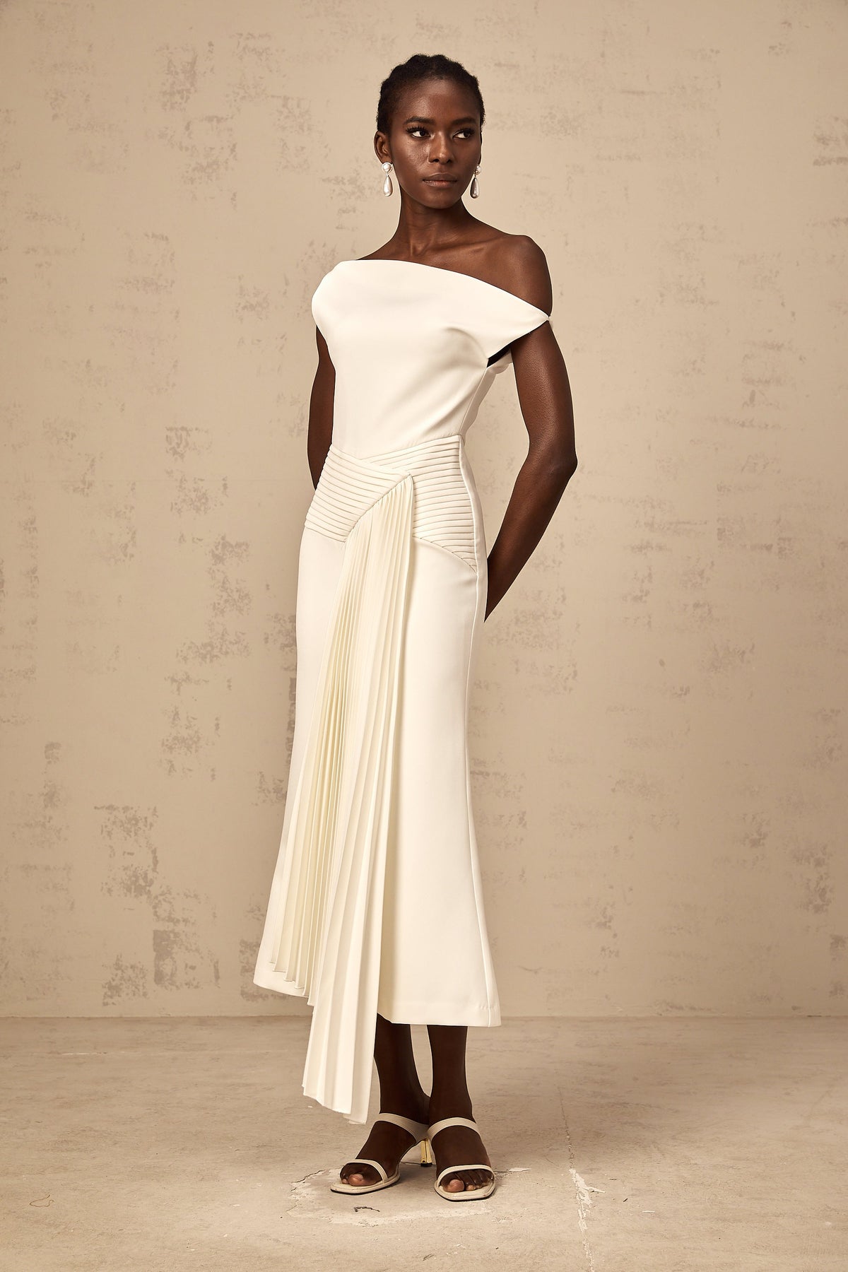 Laurine asymmetrical draped midi dress in White (Final Sale-US Only)