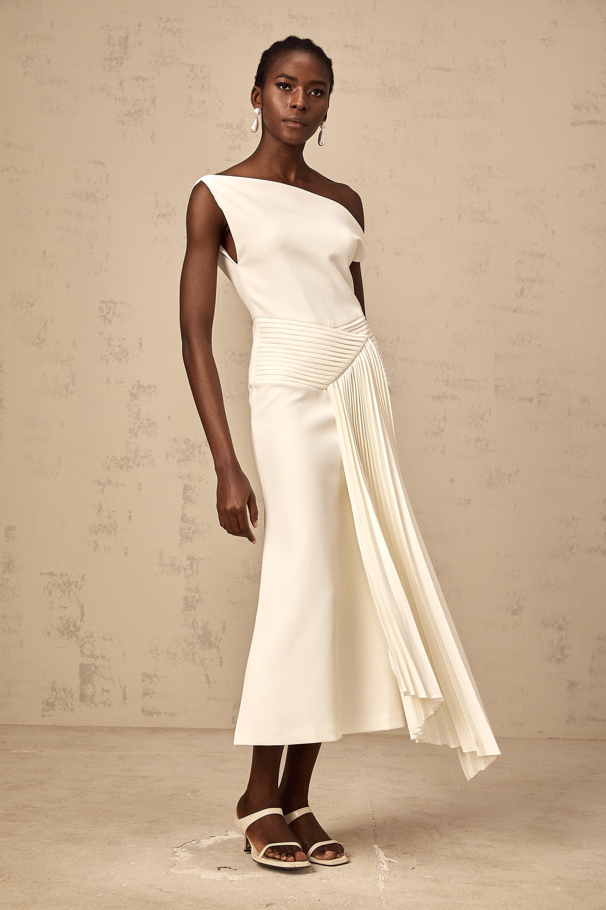 Laurine asymmetrical draped midi dress in White (Final Sale-US Only)
