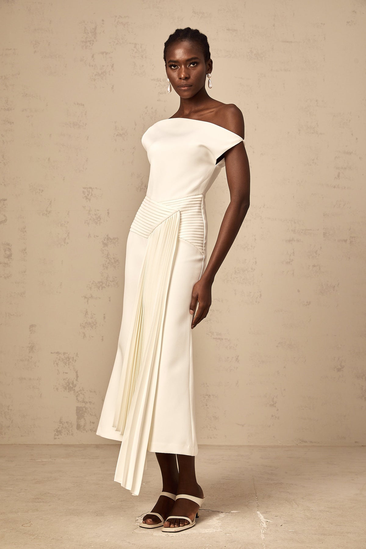 Laurine asymmetrical draped midi dress in White (Final Sale-US Only)