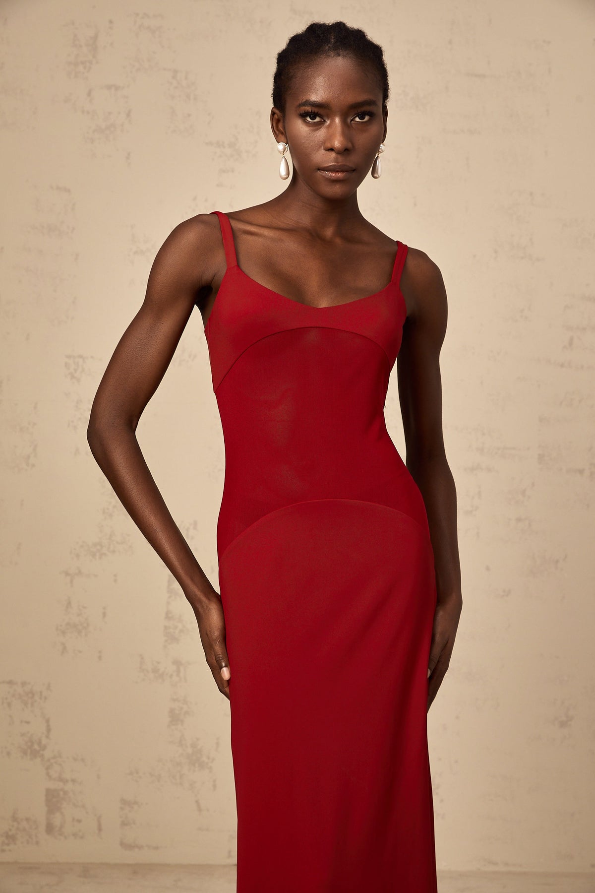 Céline red semi-sheer tulle-panel maxi dress