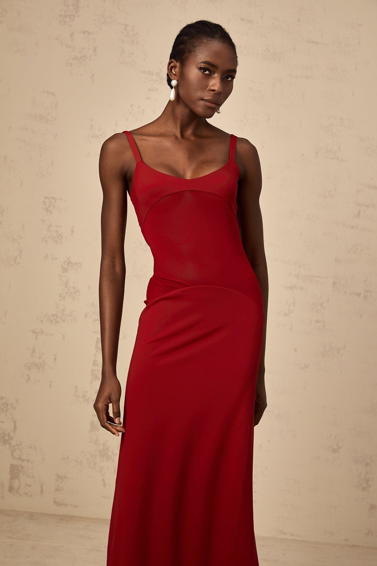 Céline red semi-sheer tulle-panel maxi dress