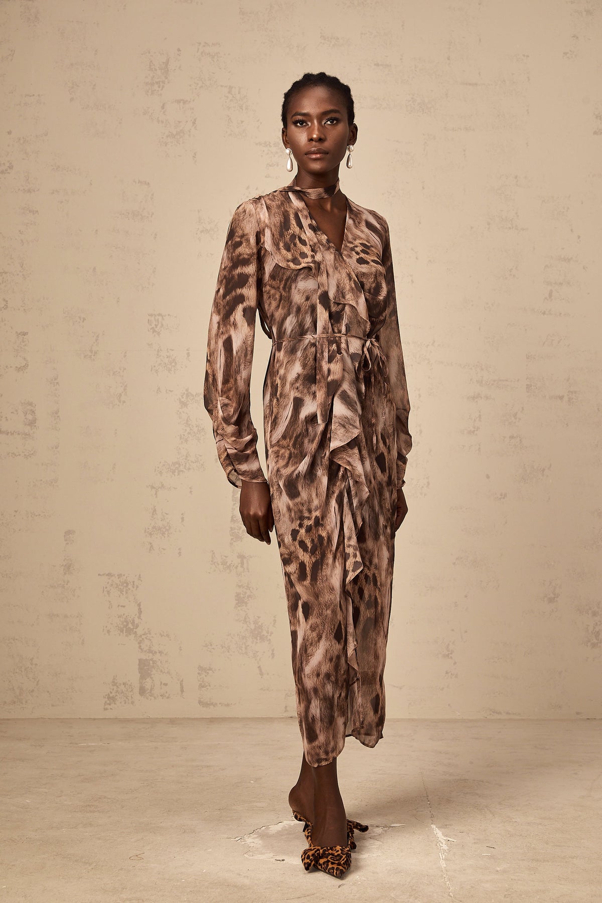 Sidonie brown ruffled leopard-print midi dress