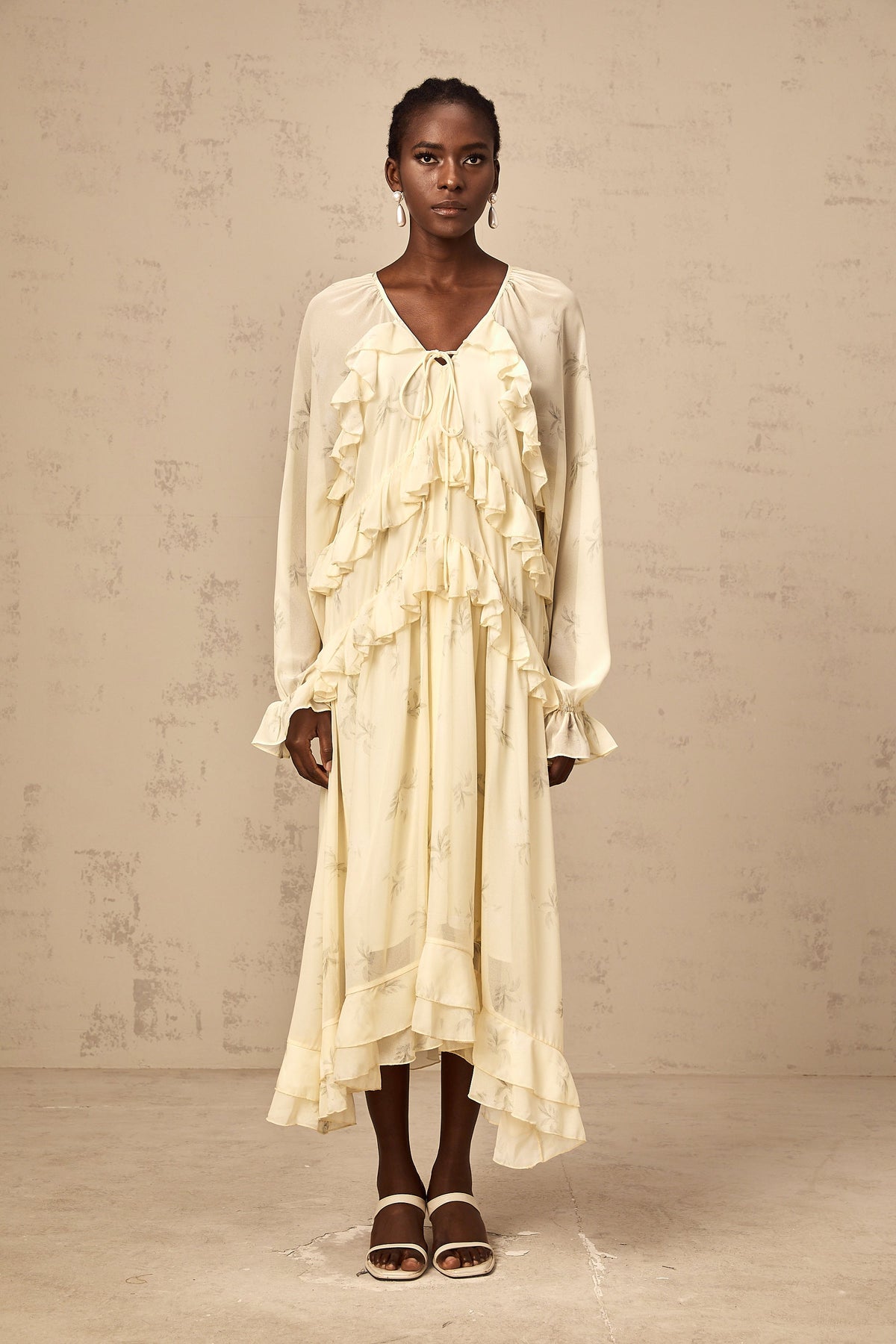 Oriane yellow floral-print ruffled chiffon midi dress