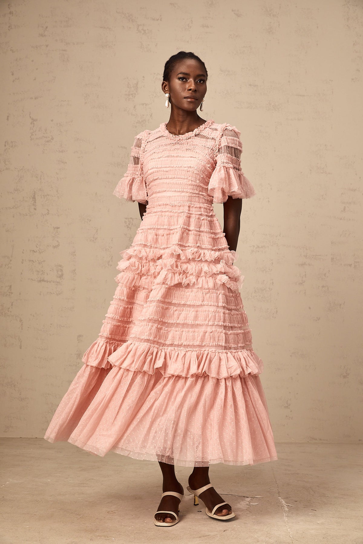 Aimée pink dot-detail ruffled tulle midi dress
