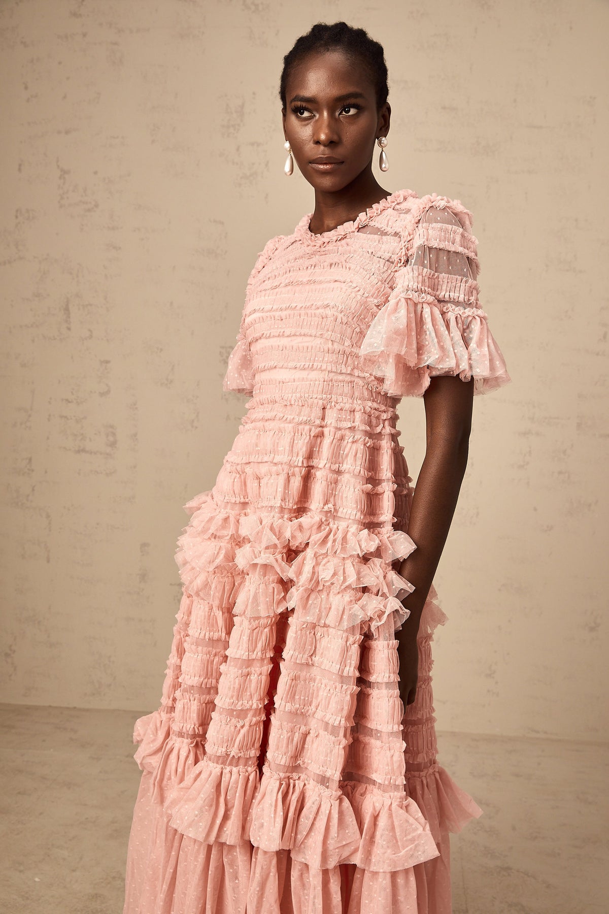 Aimée pink dot-detail ruffled tulle midi dress