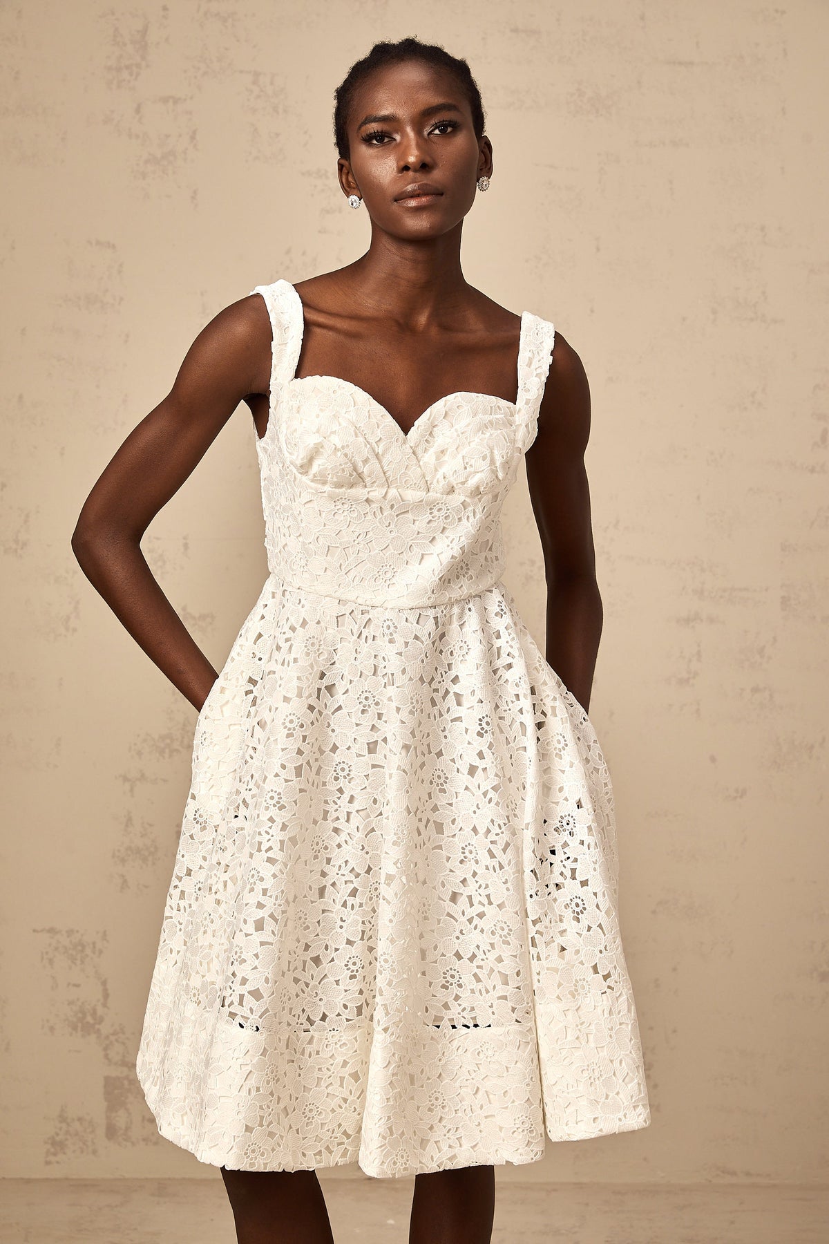 Nicolette white floral-lace midi dress