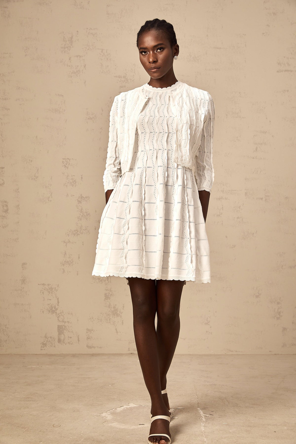 Esmée white ruffled knitted cardigan