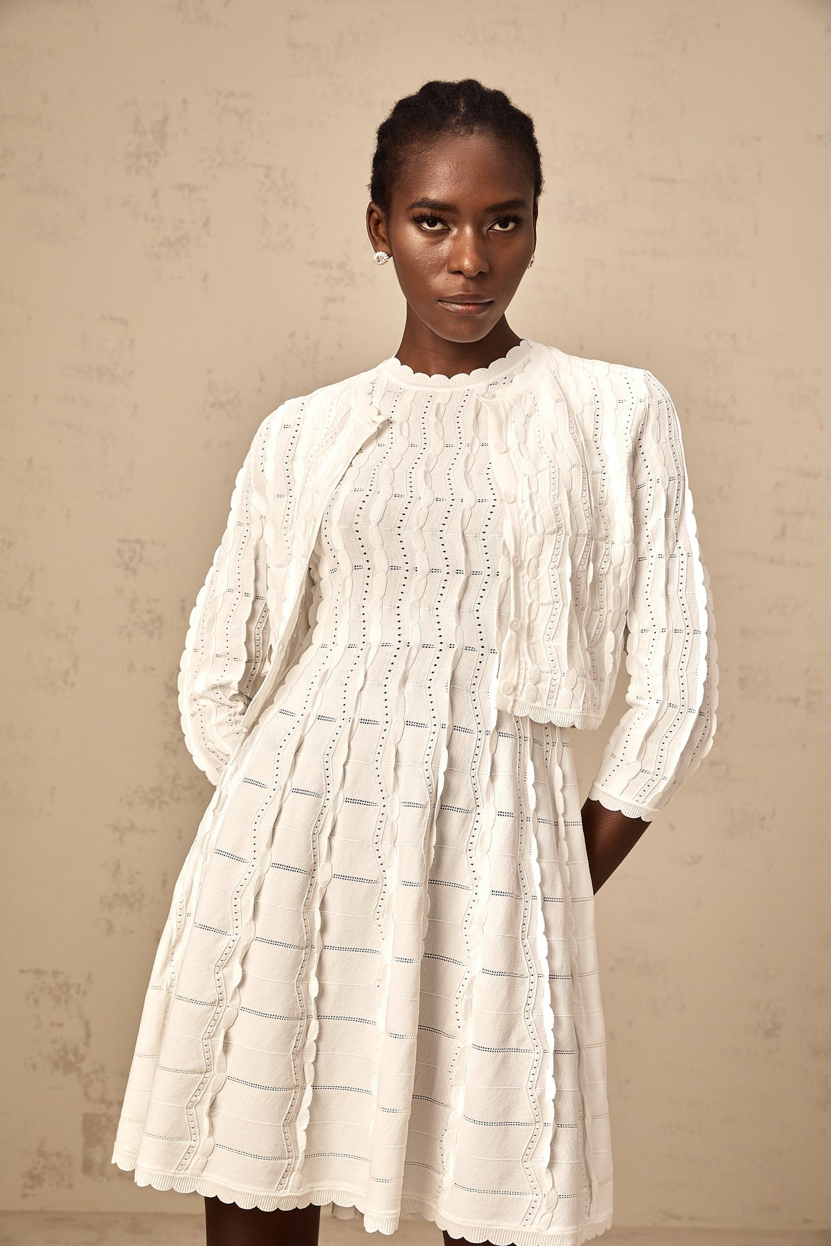 Esmée white ruffled knitted cardigan