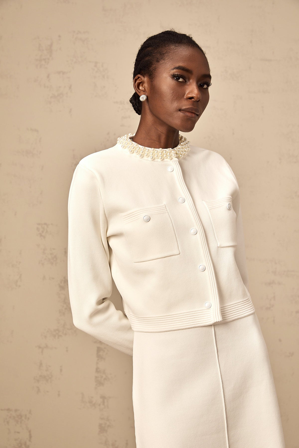 Coralie white faux-pearl knitted cardigan (Final Sale-US Only)