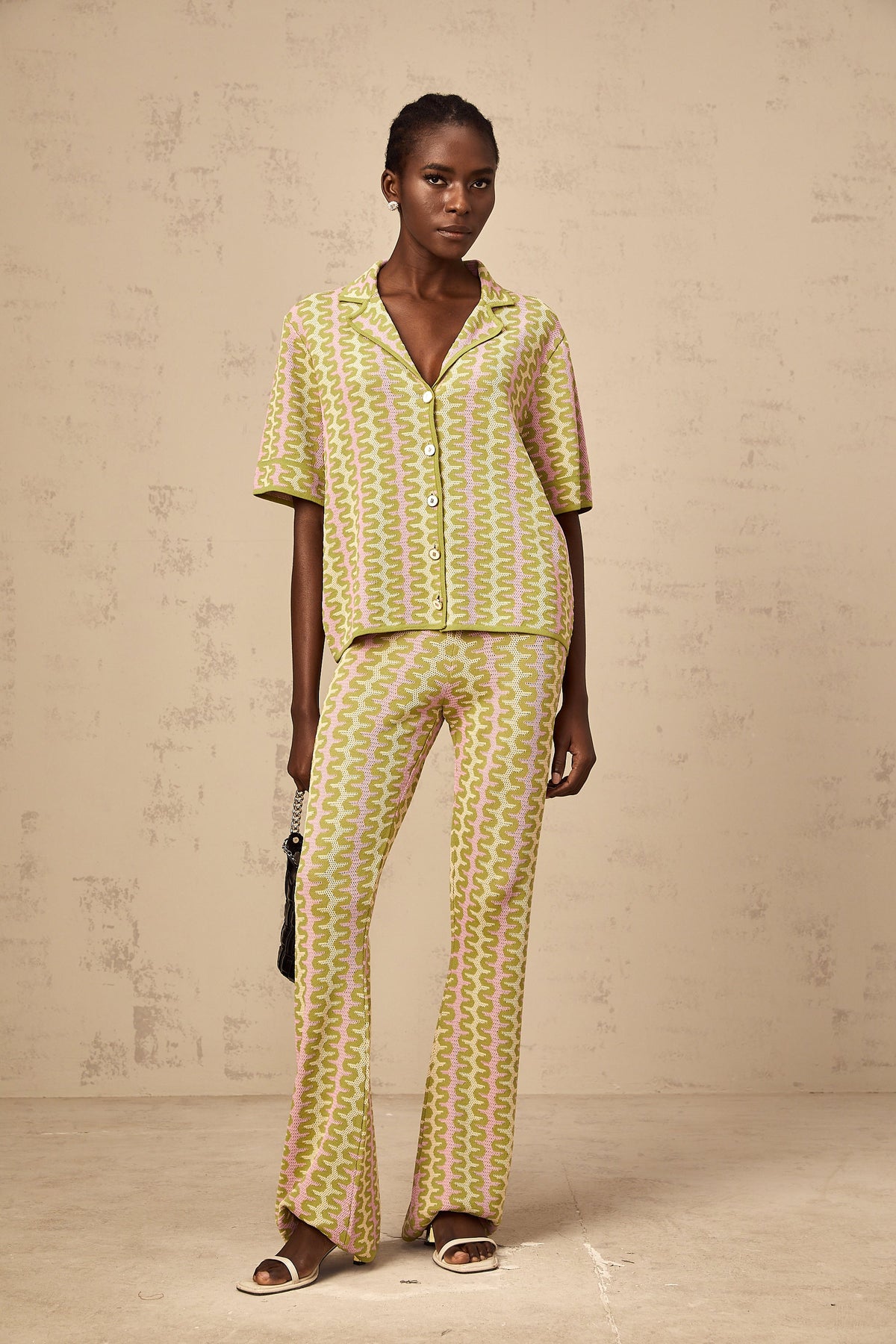 Ophélie green color-block knitted shirt & trousers matching set
