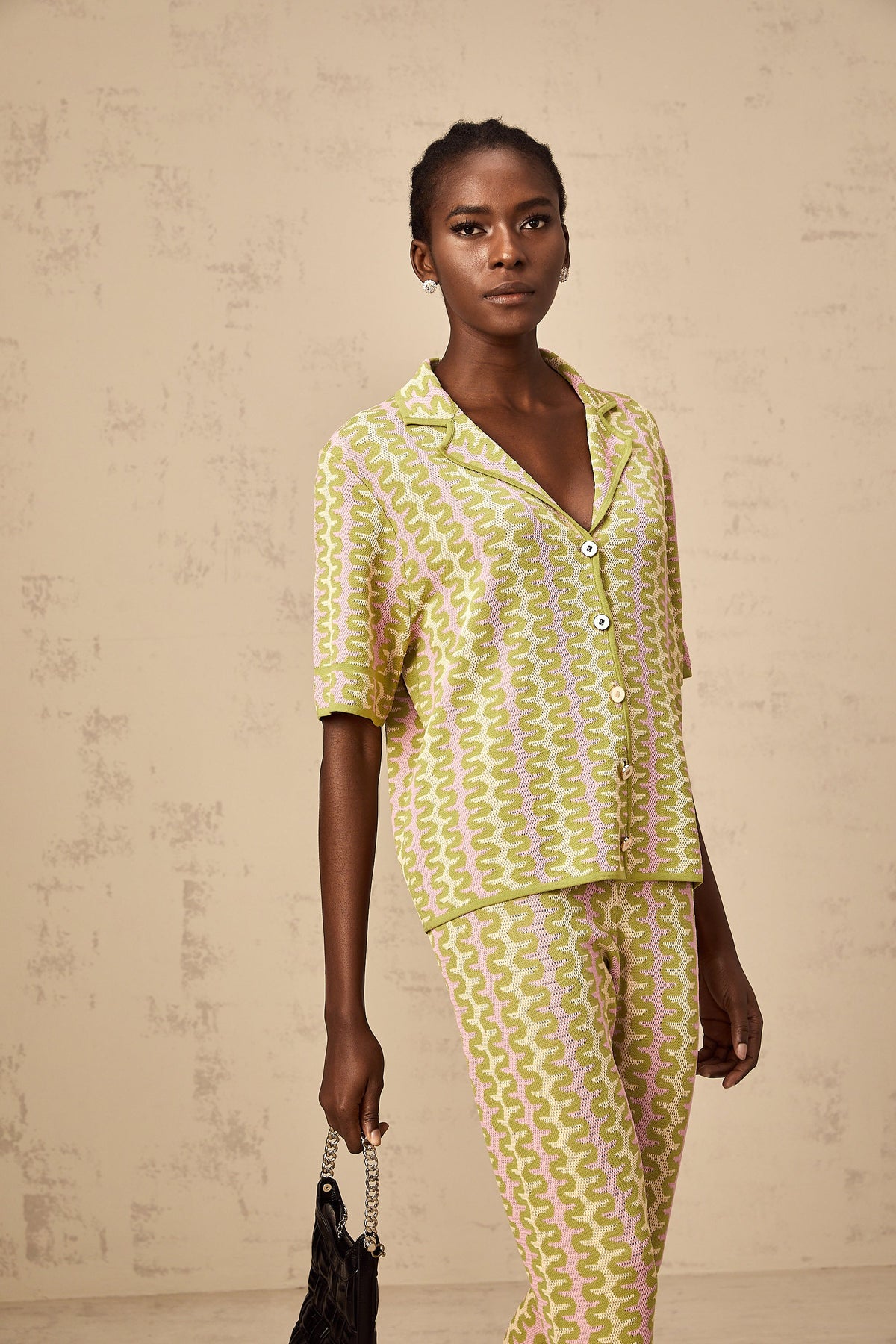 Ophélie green color-block knitted shirt & trousers matching set