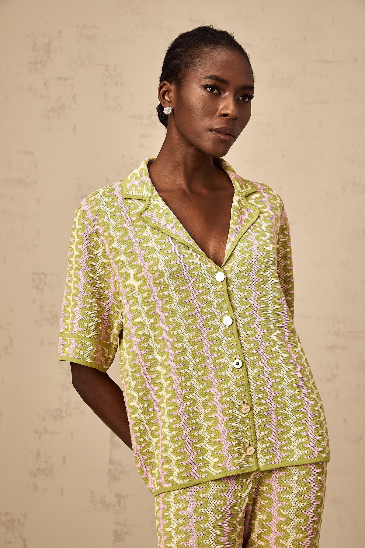 Ophélie green color-block knitted shirt & trousers matching set (Final Sale-US Only)