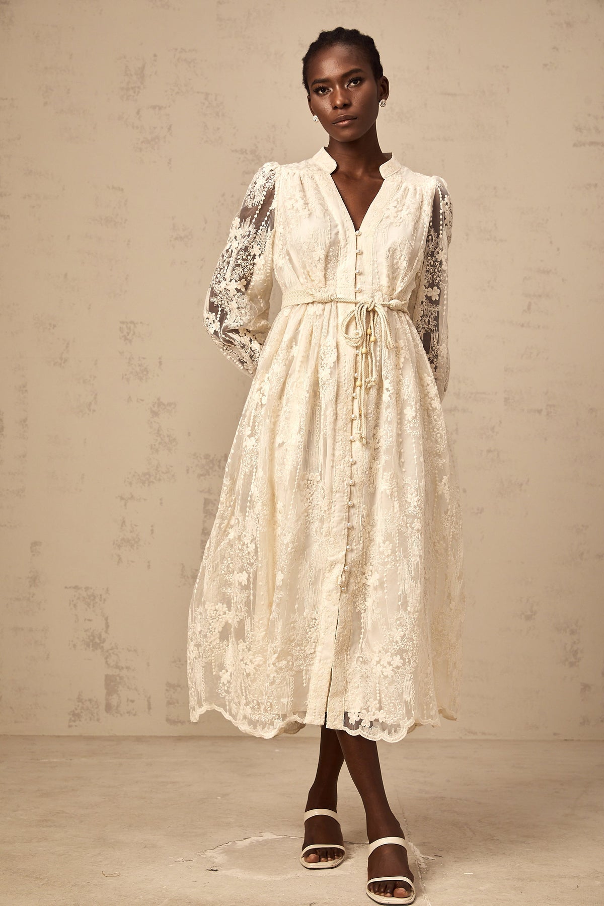 Roxane neutrals lace-embroidered midi dress