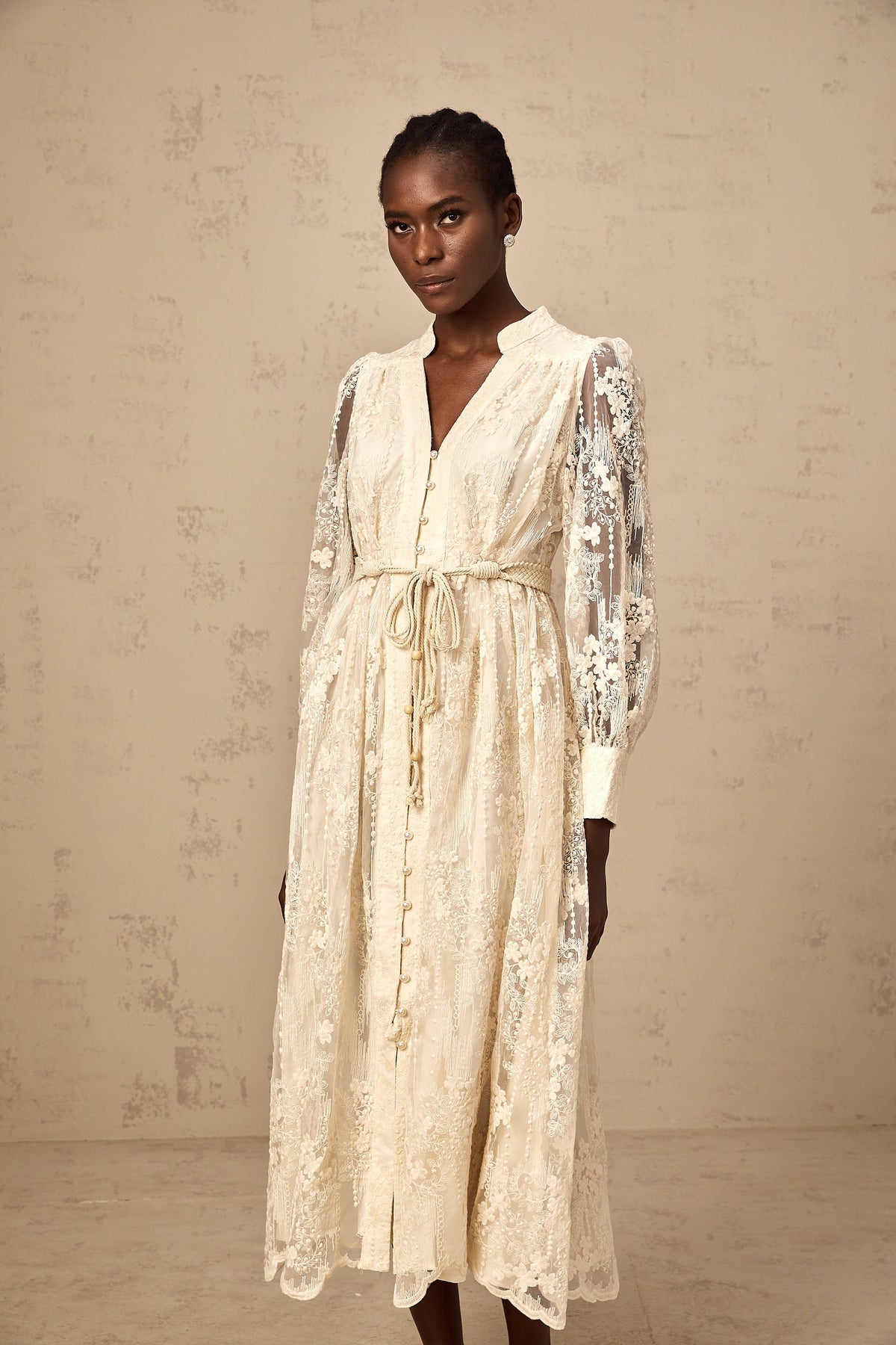 Roxane neutrals lace-embroidered midi dress