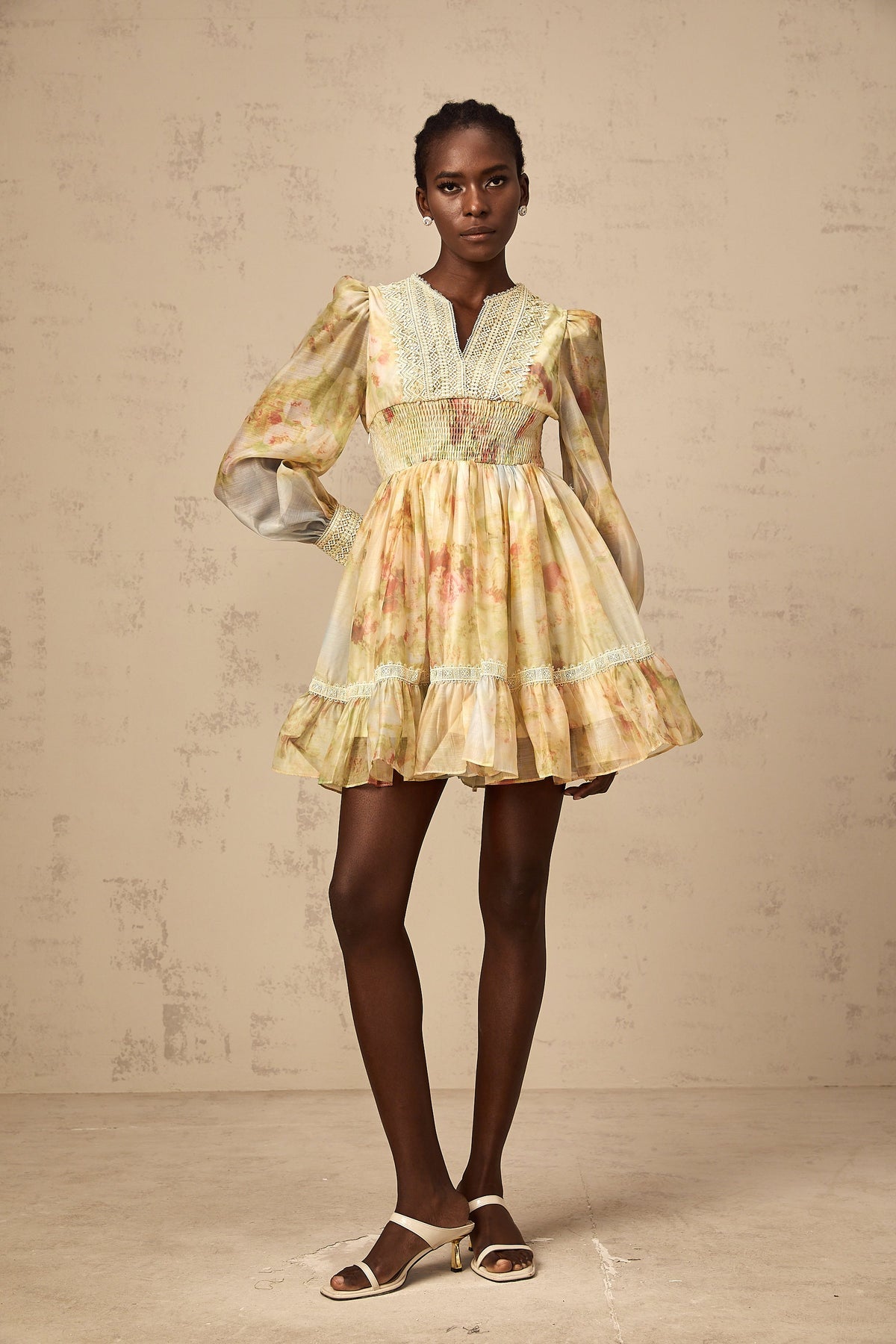 Olivia yellow lace-panelling floral-print mini dress